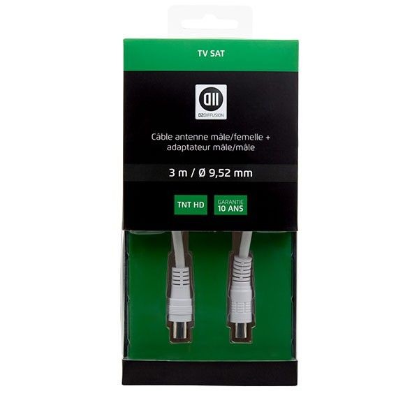 D2 Diffusion C ble Coaxial m le/femelle 9,52mm +1 adaptateur m le/m le 3 m Blanc