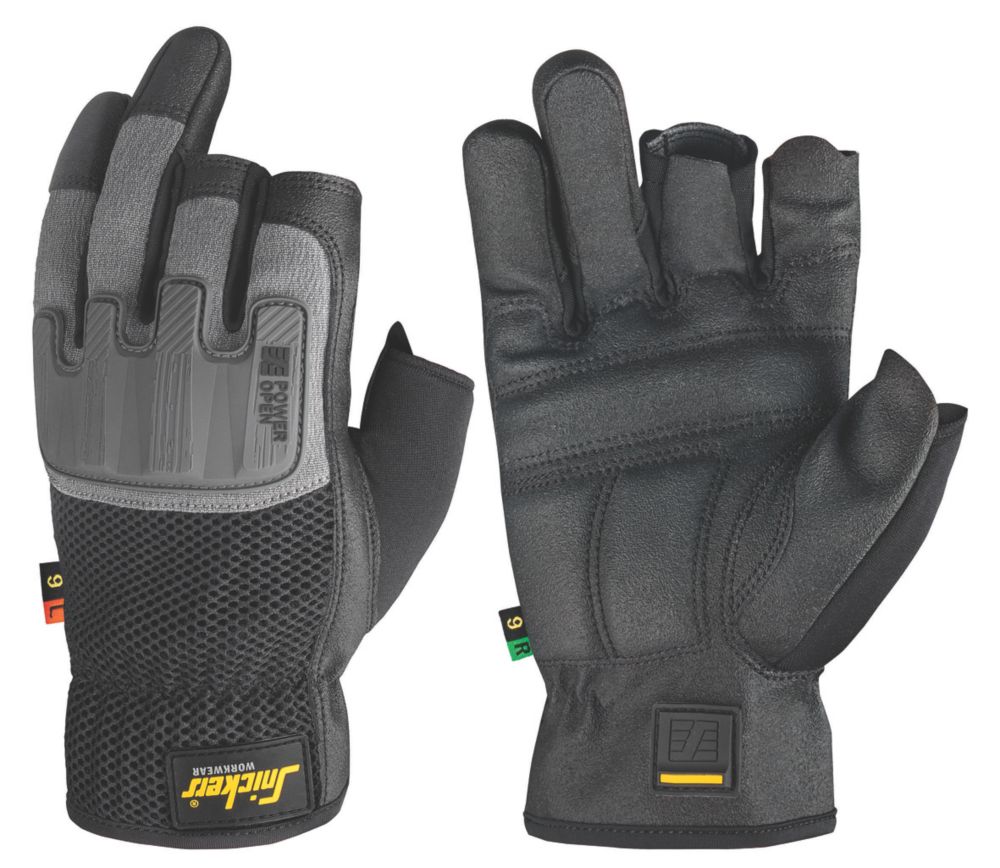 Snickers Gants de manutention 3 doigts ouverts Power Performance noirs / gris taille L