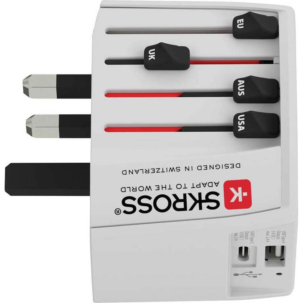 Skross Adaptateur de voyage innovant à 2 pôles avec chargeur USB double intégré (1x USB C & 1 x USB)