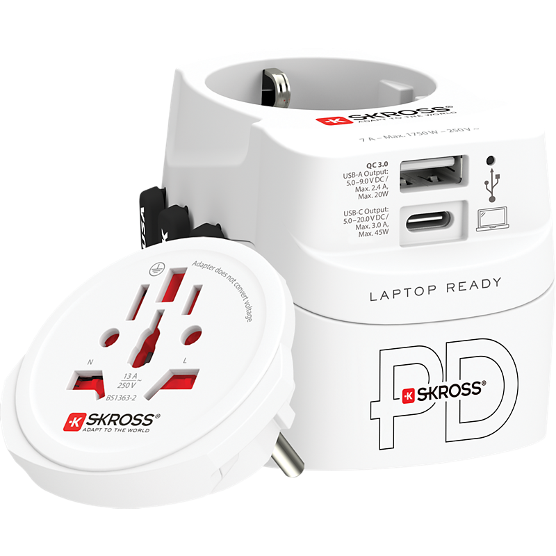 Skross adaptateur de voyage monde vers monde + 1 usb a + 1 usb c