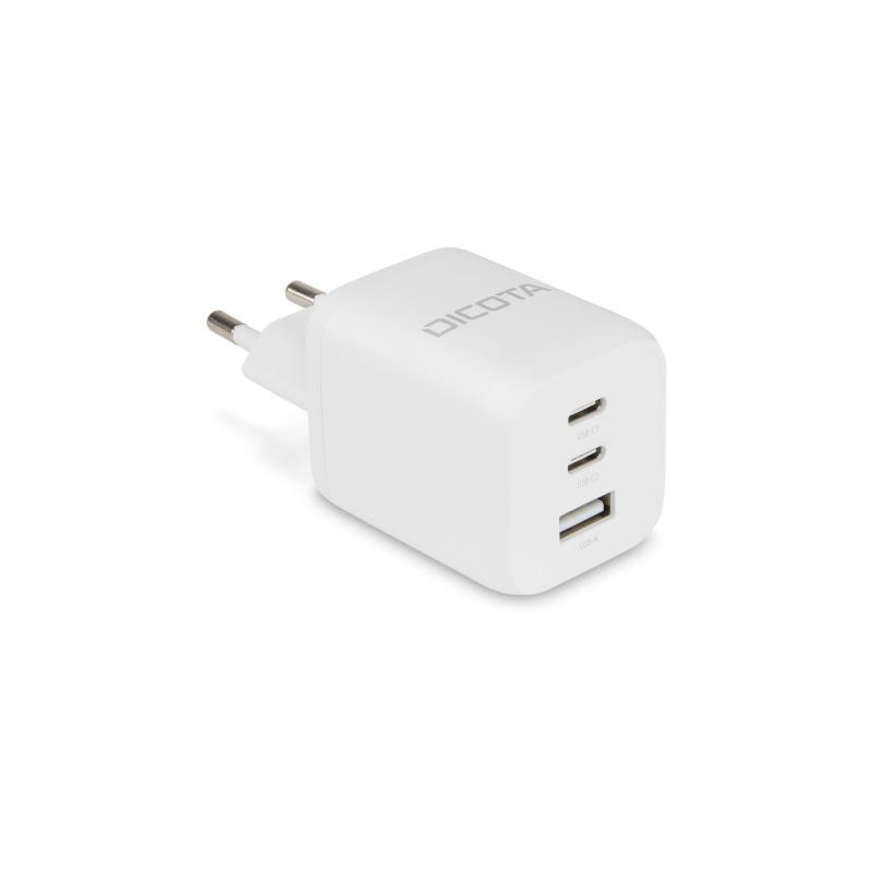 DICOTA - Adaptateur secteur - compact, GaN - 65 Watt - 5 A - PD 3.0 - 3 connecteurs de sortie (2 x USB-C, USB) - blanc - Europe
