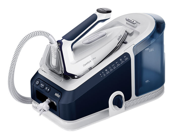Braun 2.700W 180g/min stoom 600g stoomshot 8 bar Eloxal Plus precisiepunt 2Lreservoir Eco/iCare/Turbo auto-off Easylocksysteem Silent Techwit/blauw
