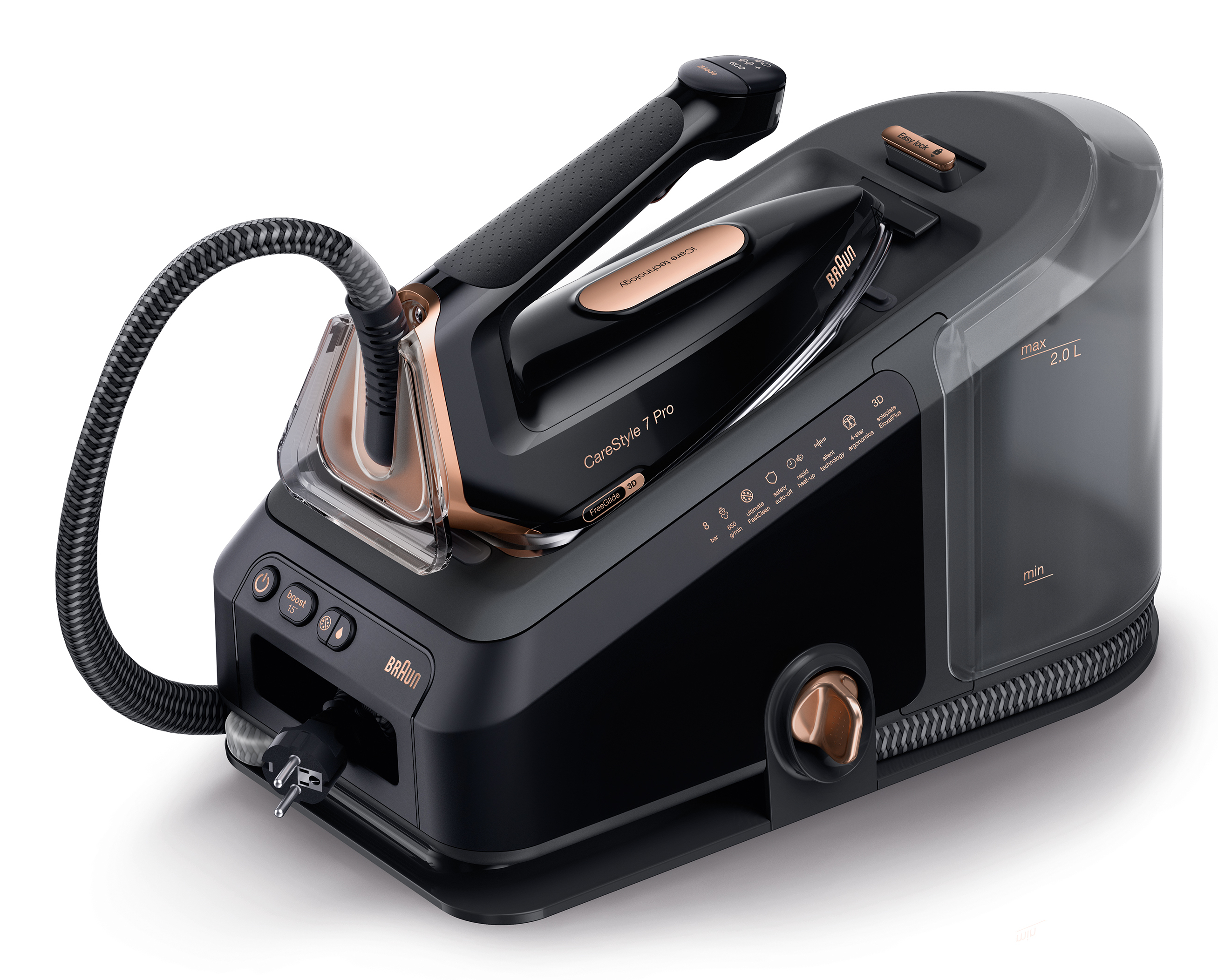 Braun 2.700W 190g/min stoom 650g stoomshot 8 bar Eloxal Plus precisiepunt 2Lreservoir Eco/iCare/Turbo auto-off Easylocksysteem Silent Techzwart/koper