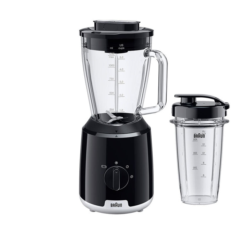Braun 600W 'soda-lime' glazen kan 2 snelheden + ice-crush/pulse 3-waybeveiliging 1 25L werkbare capaciteit Smoothie2Go beker zwart
