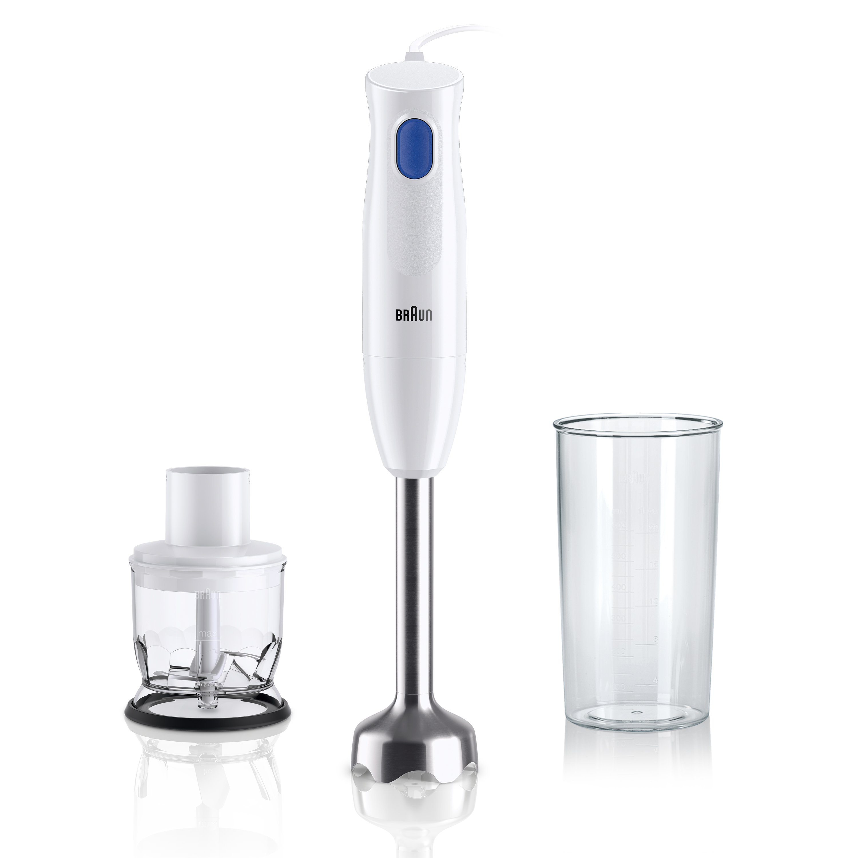 Braun 450W 1 snelheid RVS staafmixervoet Easy-Twist systeem 600ml maatbeker350ml chopper wit/blauw