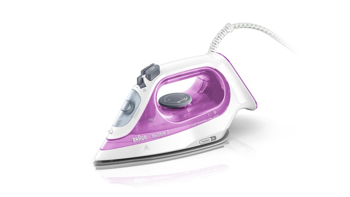 Braun 2.300W SuperCeramic FreeGlide 3D strijkzool 0-45g/min stoom 140gstoomshot 270ml dicht handvat roze/grijs