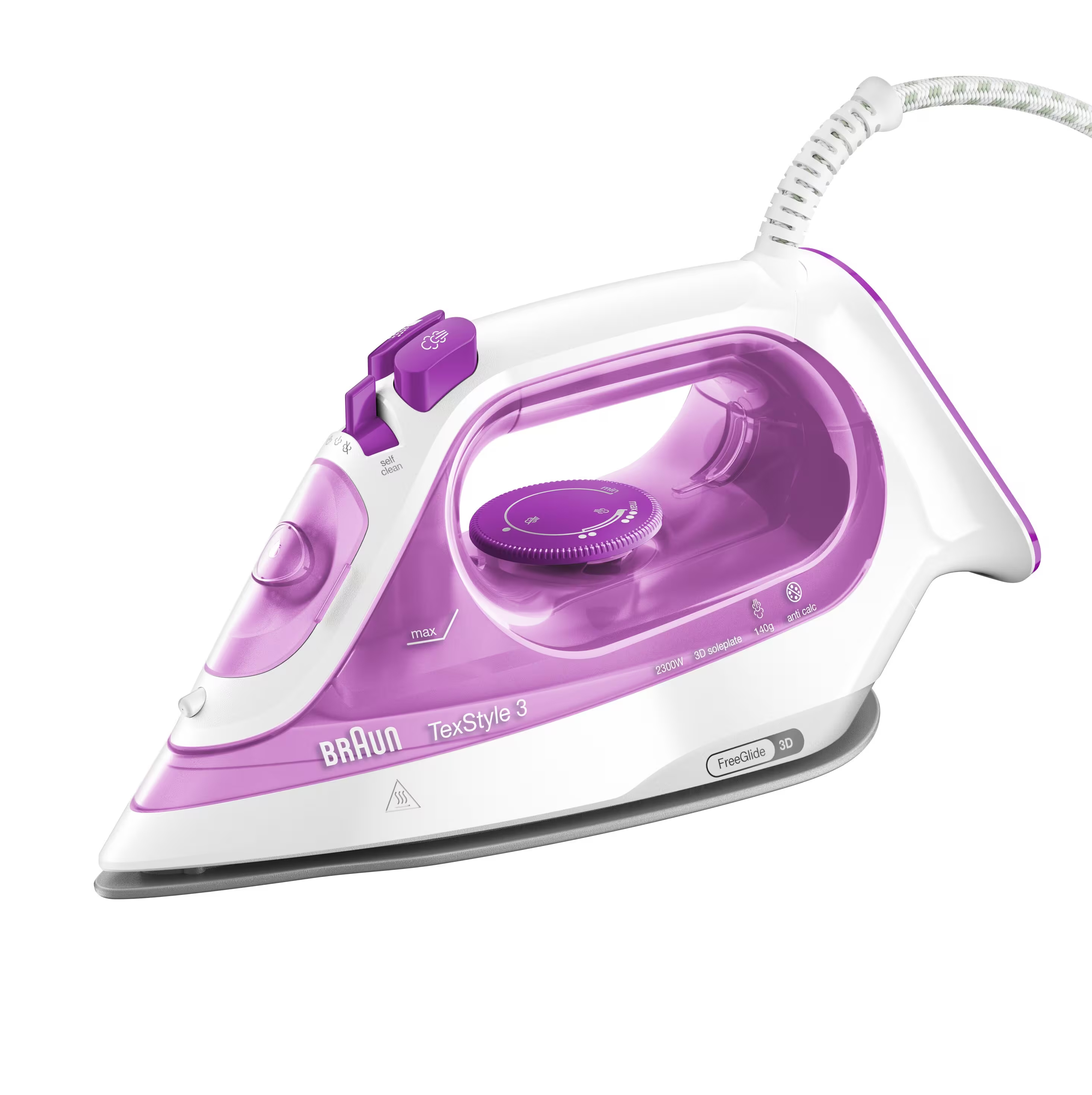 Braun 2.300W SuperCeramic FreeGlide 3D strijkzool 0-45g/min stoom 140gstoomshot 270ml dicht handvat roze/wit