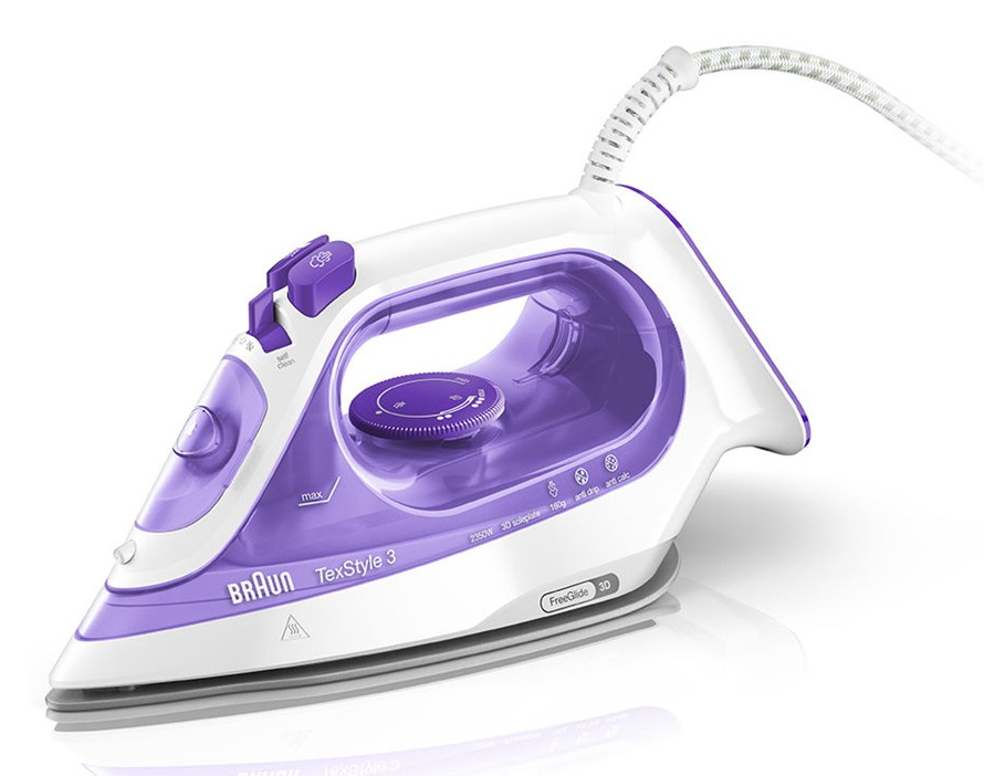 Braun 2.350W SuperCeramic FreeGlide 3D strijkzool 0-45g/min stoom 160gstoomshot 270ml antidrup dicht handvat paars/wit