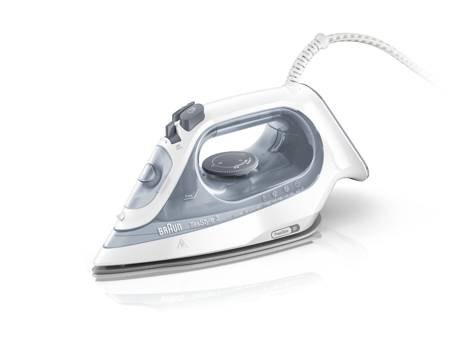 Braun 2.400W SuperCeramic FreeGlide 3D strijkzool 0-45g/min stoom 180gstoomshot 270ml antidrup auto-off dicht handvat grijs/wit