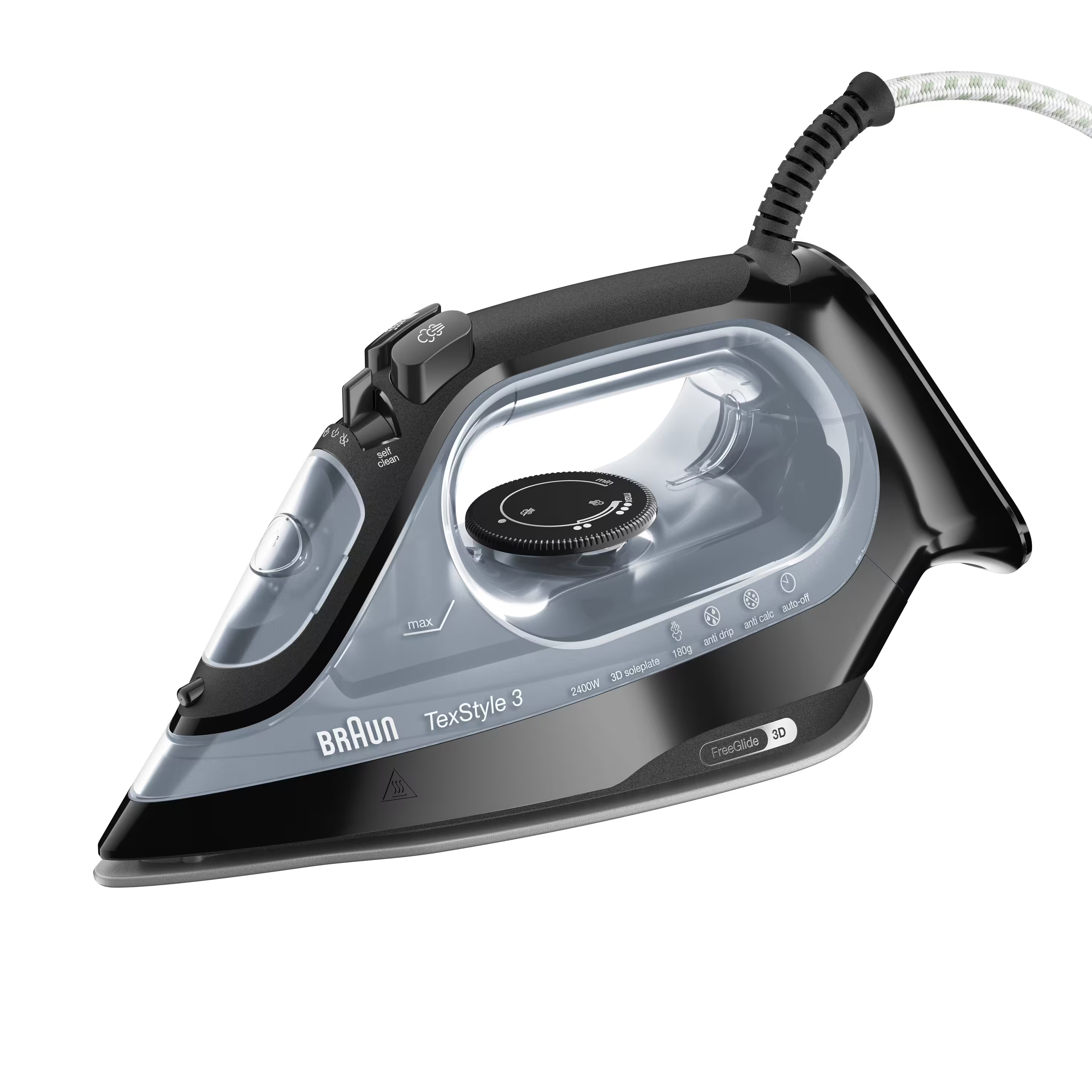 Braun 2.400W SuperCeramic FreeGlide 3D strijkzool 0-45g/min stoom 180gstoomshot 270ml antidrup auto-off dicht handvat grijs/zwart