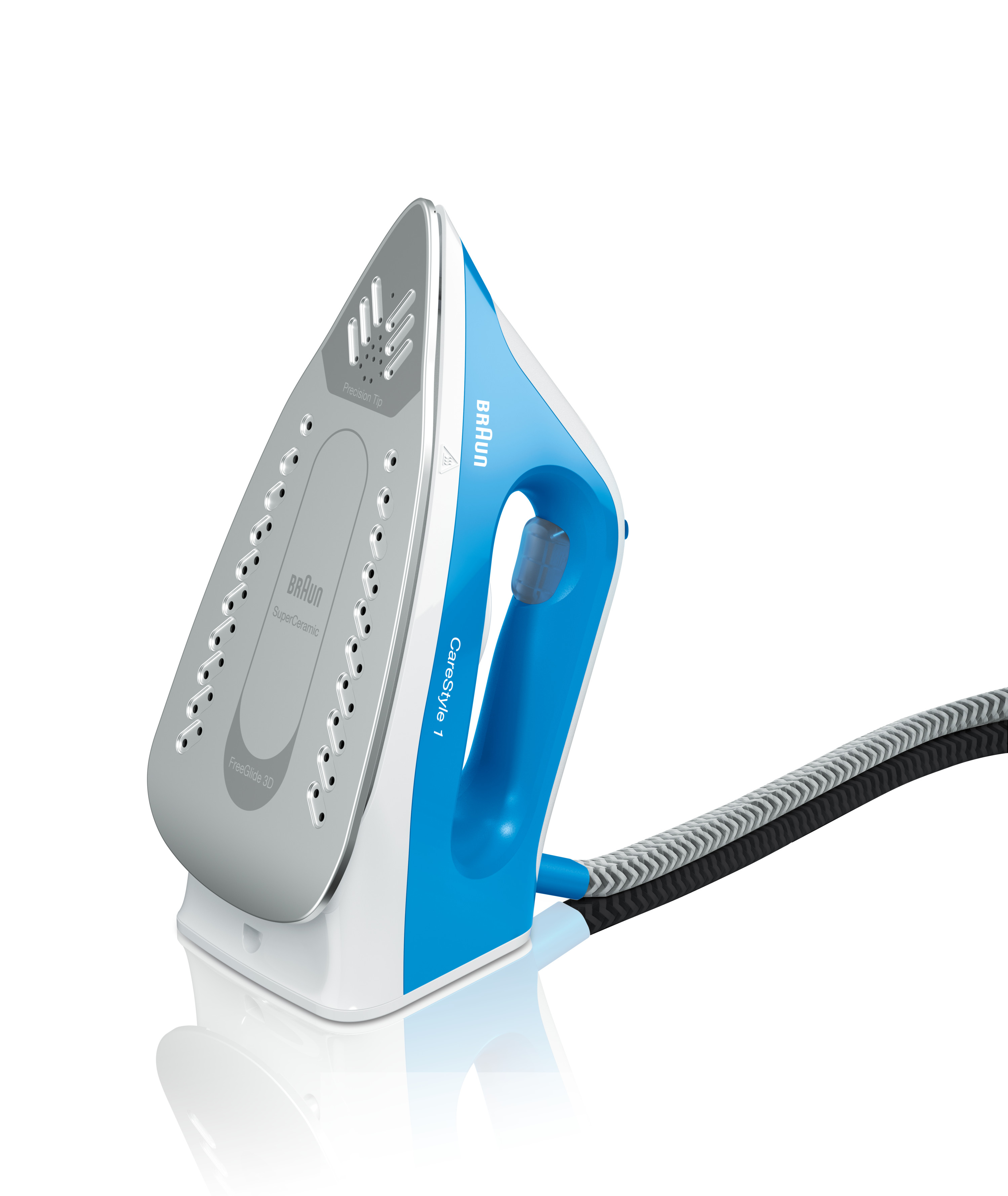 Braun 2.400W 110g/min stoom 340g stoom 5 5 bar SuperCeramic FreeGlide 3Dstrijkzool 1 5L fixed reservoir 3 temp. instellingen + max descalc & -tray wit/blauw