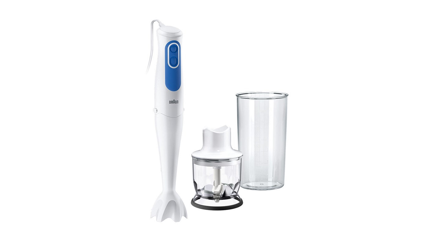 Braun 700W 2 snelheden RVS PowerBell+ voet EasyClick 350ml hakmolen 600mlmaatbeker wit/blauw
