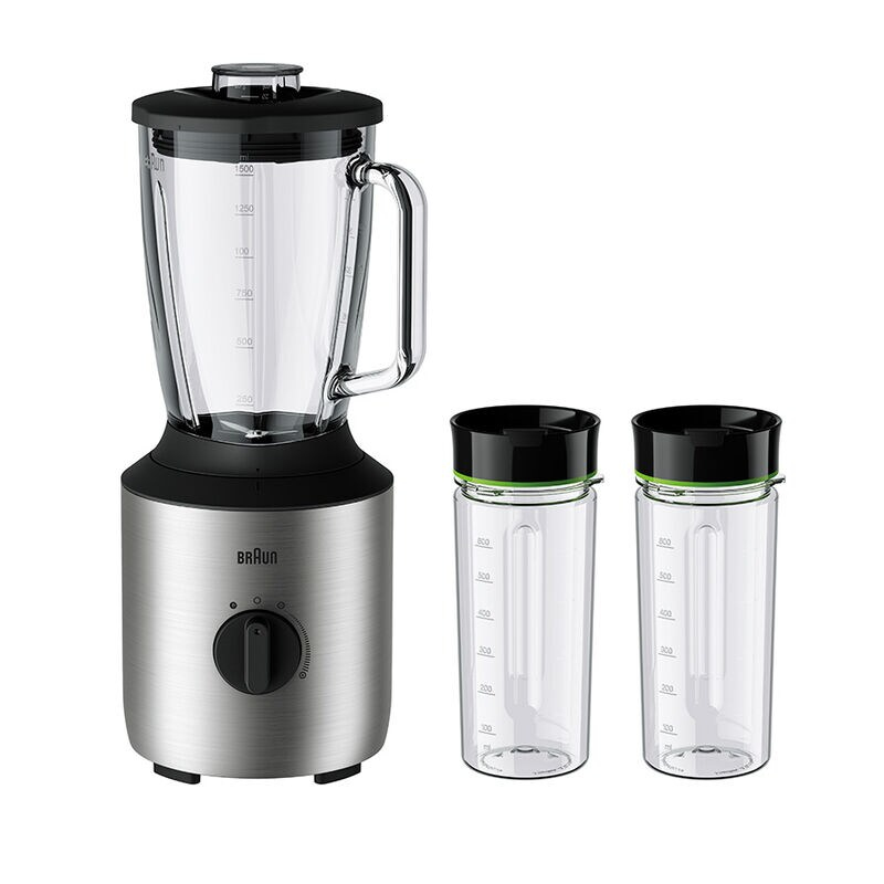 Braun 800W ThermoResist glazen 1 9L mengbeker 2 TriTan Smoothie2Go bekers600ml variabele snelheden + pulse TriAction technology SmoothCrushRVS/zwart