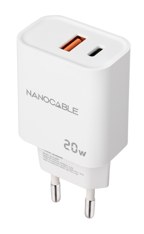 Nanocable Chargeur mural 20 W, 1 port USB-A QC, 1 port USB-C PD, blanc, 10/10/2007