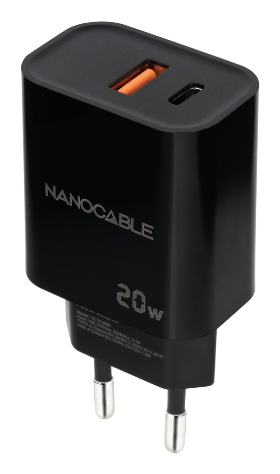Nanocable Chargeur mural 10/10/2008 20 W 1 port USB-A QC 1 port USB-C PD Noir