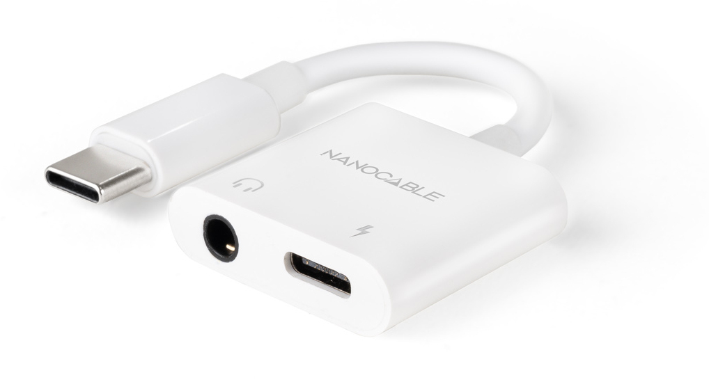 Nanocable Adaptateur 10.24.1206 USB-C Mâle vers Jack 3,5 mm et USB-C PD 60W Blanc