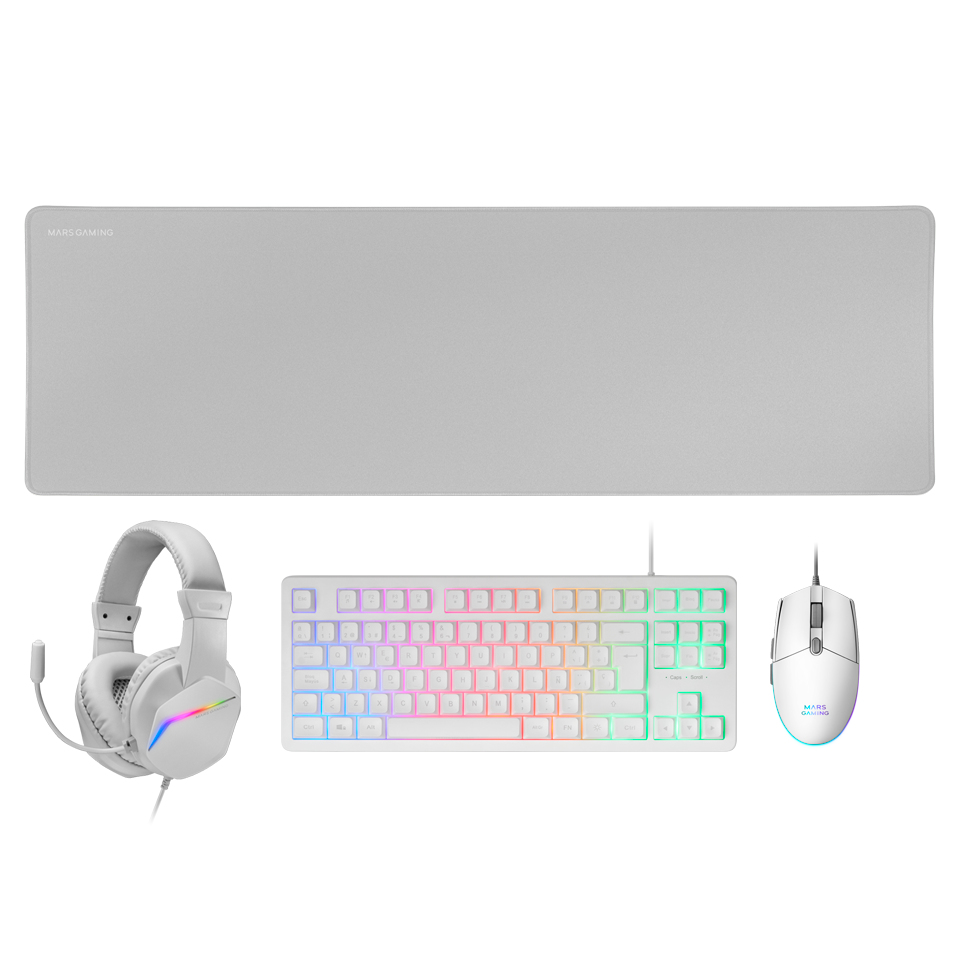 MARS GAMING MCP-RGB3WES Combo Gaming FRGB Clavier + Souris + Casque + Tapis de Souris Blanc