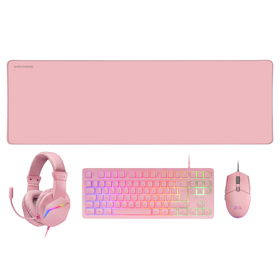 MARS GAMING MCP-RGB3PES Combo Gaming FRGB Clavier + Souris + Casque + Tapis de souris rose