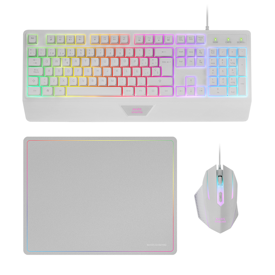 MARS GAMING Mcp124, Combo 3en1, clavier LED RVB, souris RVB 3200 dpi, tapis de souris, espagnol, blanc