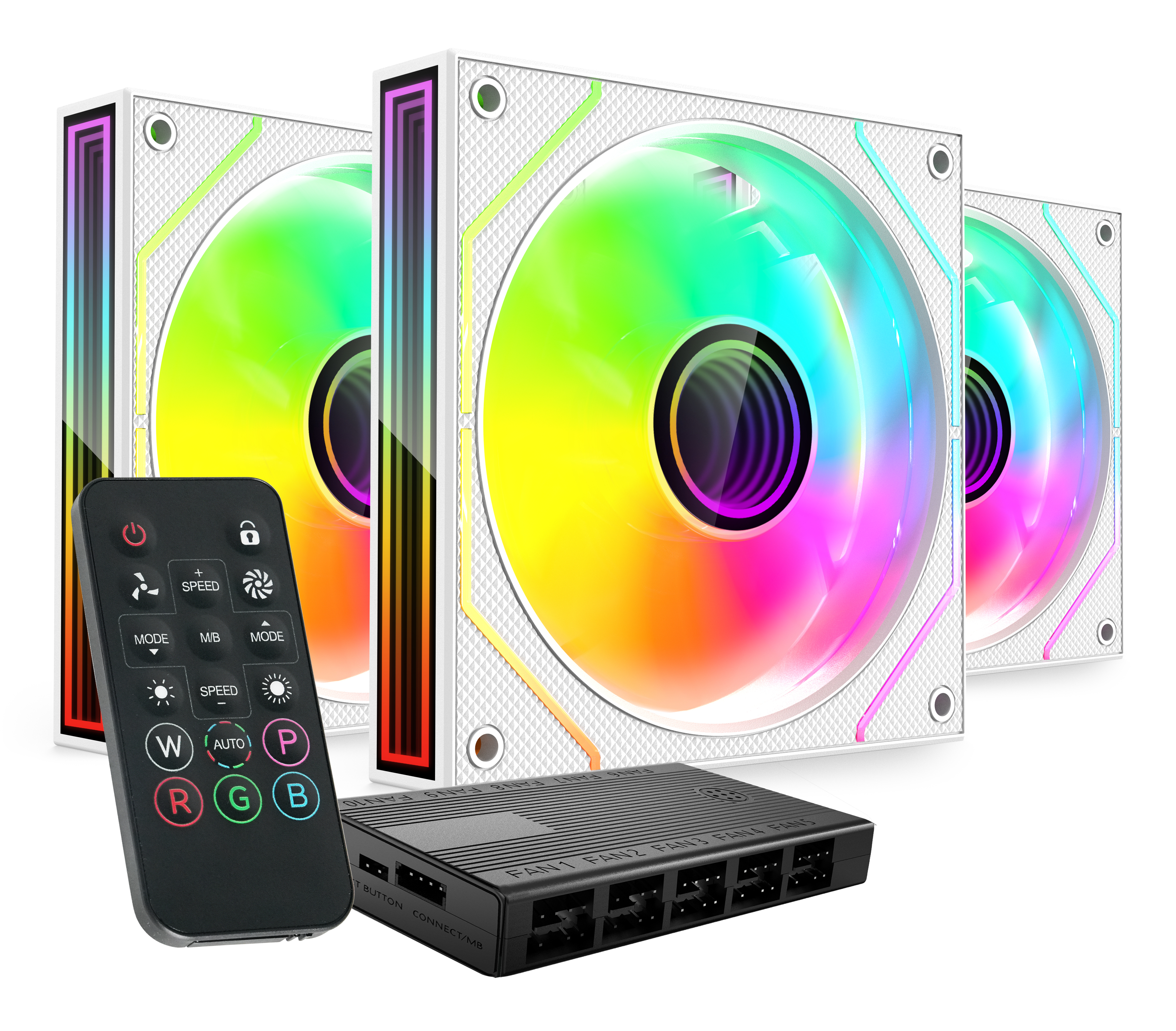 MARS GAMING Kit  MF-3DPROKIT, 3 ventilateurs PWM FDB 120 mm Argb Infinity Mirror Hub, blanc