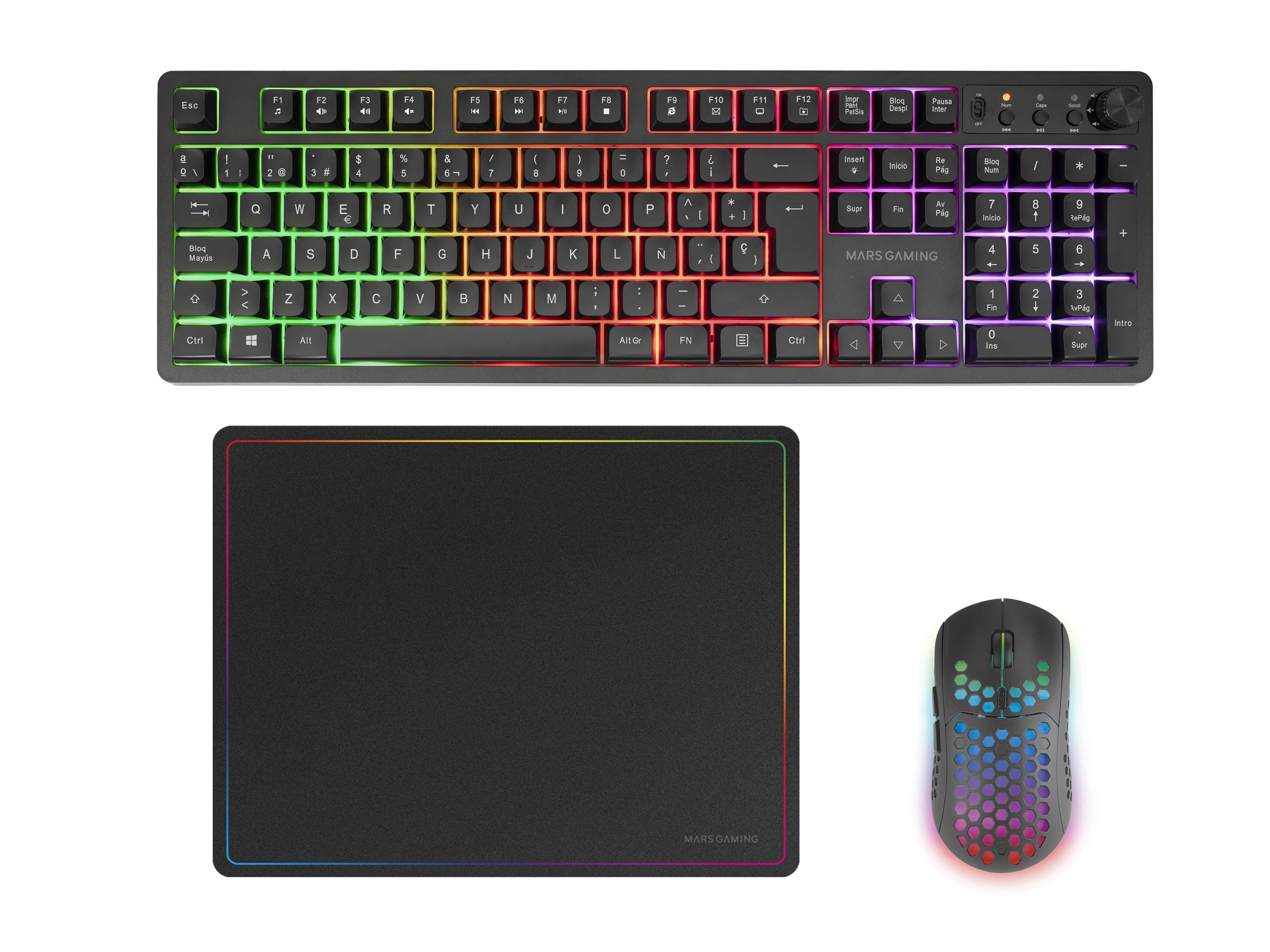 MARS GAMING Ensemble clavier et souris sans fil McPWX, avec tapis de souris RGB et rétroéclairage LED, noir et espagnol