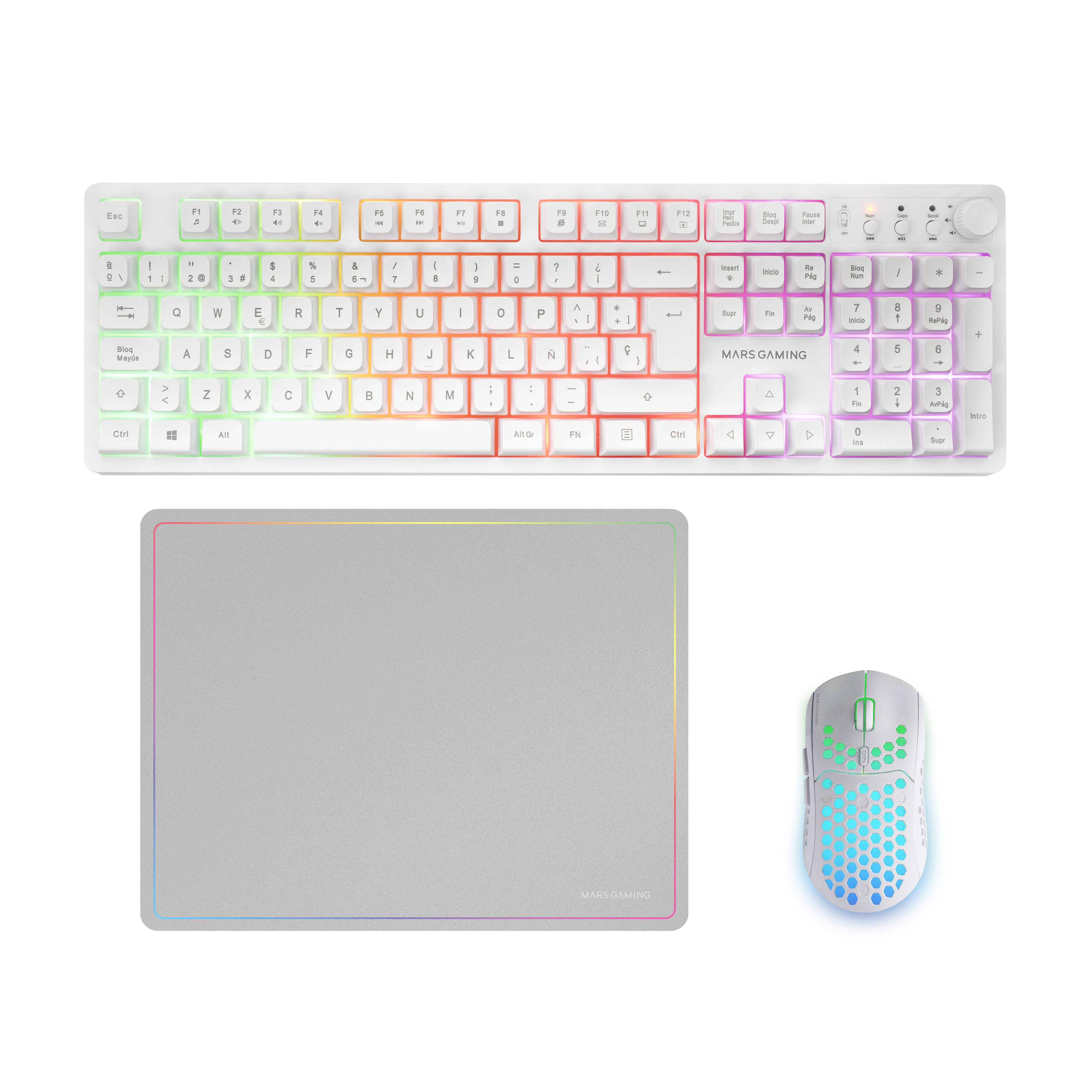 MARS GAMING Ensemble clavier et souris sans fil McPWX, avec tapis de souris RGB, blanc et espagnol
