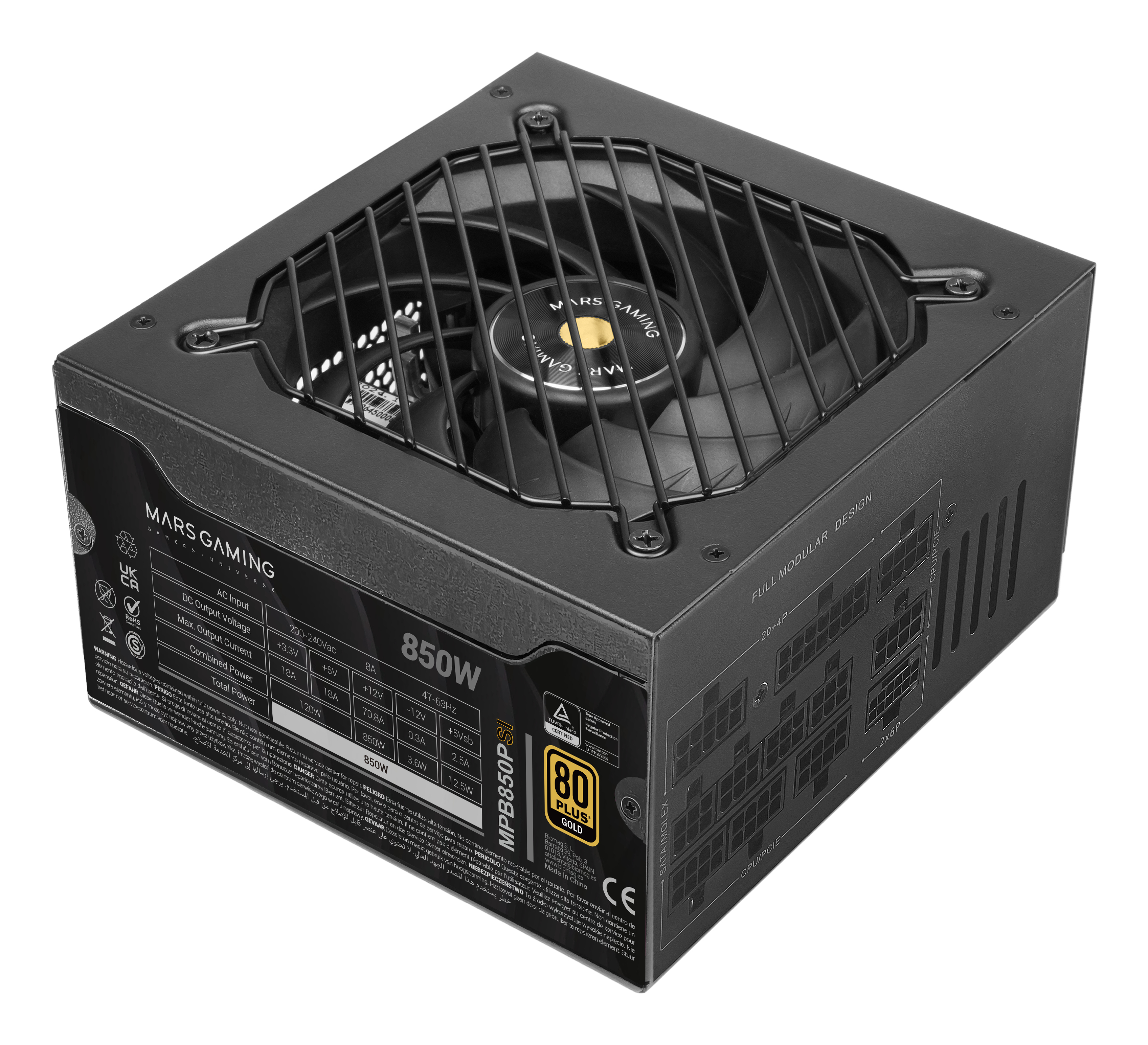 MARS GAMING Alimentation ATX entièrement modulaire  MPB850PSI 850 W, garantie 10 ans, 80plus Gold, noir