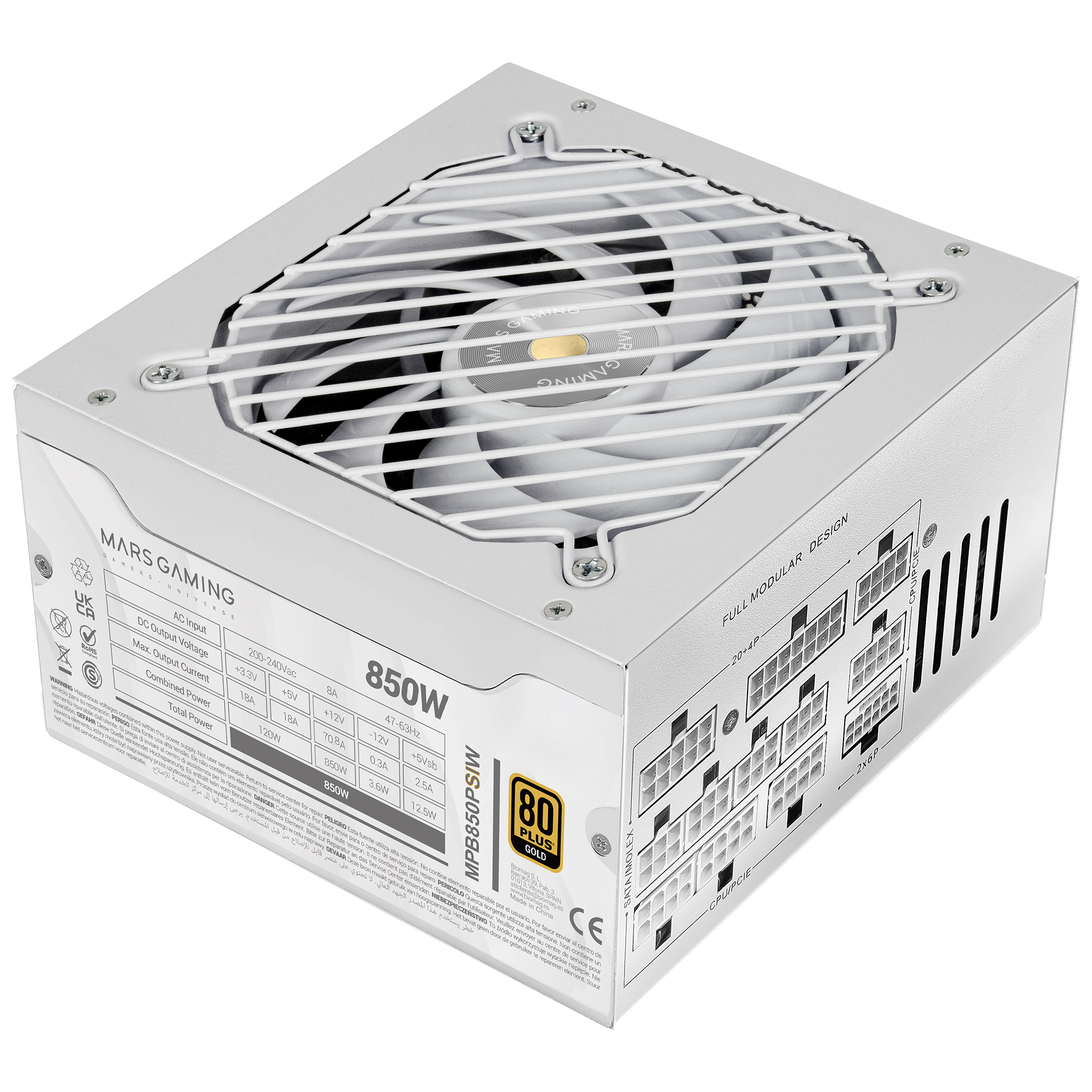 MARS GAMING Alimentation ATX entièrement modulaire  MPB850PSI 850 W, garantie 10 ans, 80plus Gold, blanc