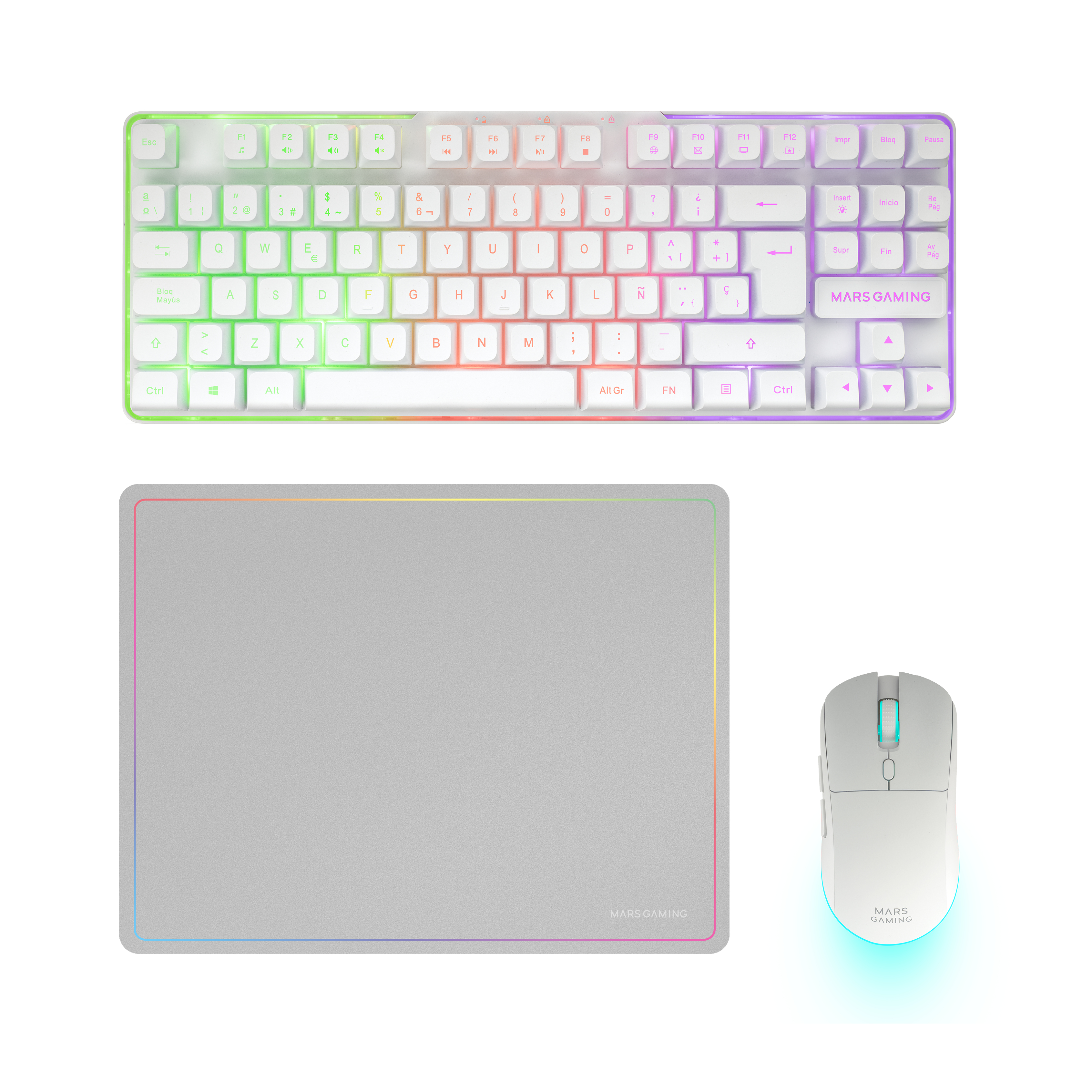 MARS GAMING Ensemble clavier et souris sans fil McPWTKL, TKL, FRGB, RGB, tapis de souris, blanc, espagnol
