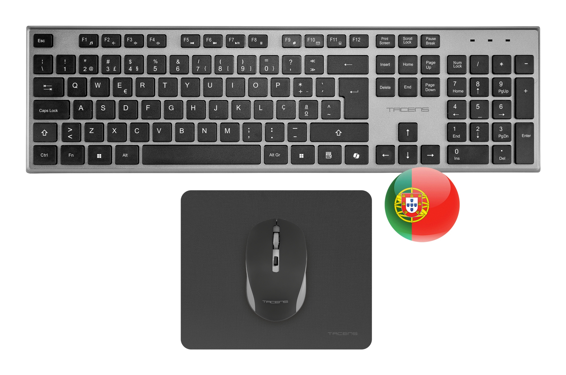 Tacens Zenith Ensemble clavier sans fil 3-en-1 Duallink 2,4 GHz avec souris optique et clavier à membrane, noir portugais