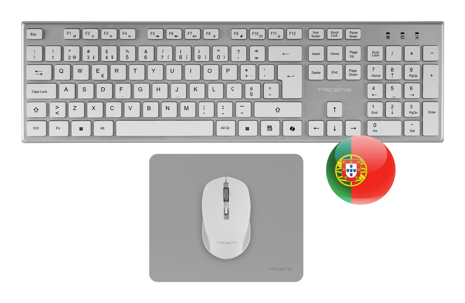 Tacens Zenith Ensemble clavier sans fil 3-en-1 Duallink 2,4 GHz avec souris optique et souris à membrane, blanc portugais