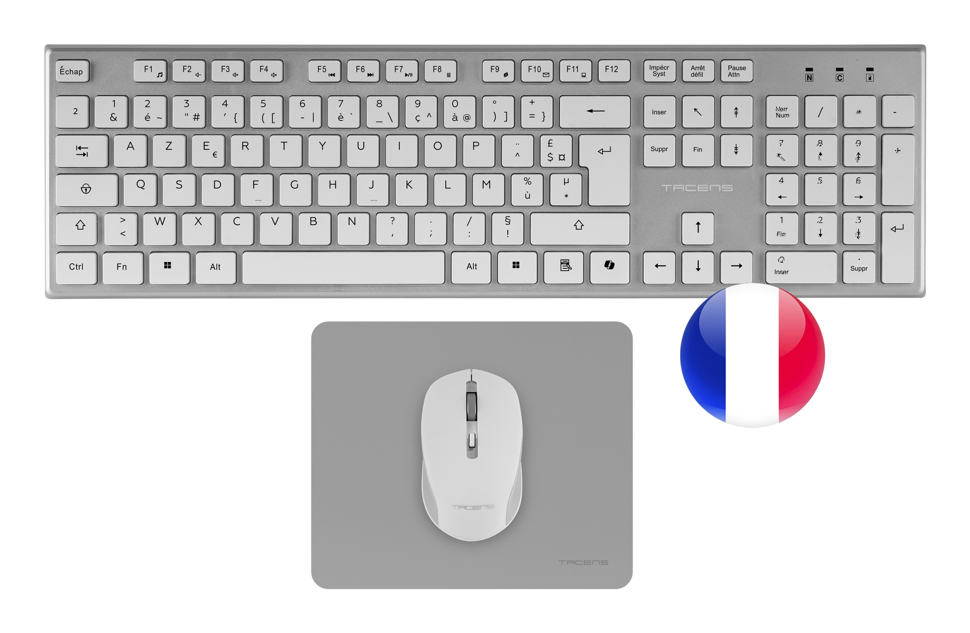 Tacens Zenith Ensemble clavier sans fil 3-en-1 Duallink 2,4 GHz avec souris optique et clavier à membrane, blanc français