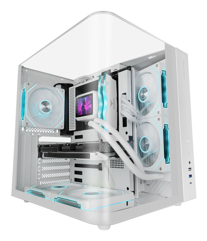 MARS GAMING Boîtier gaming ATX McInfiniolite avec panneau supérieur en verre trempé, double caméra, blanc