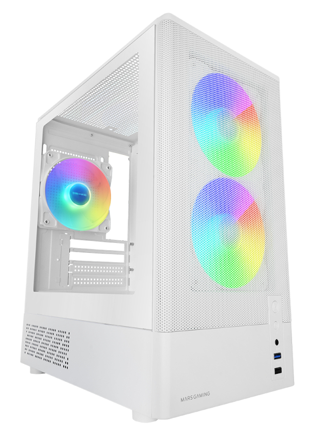 MARS GAMING Boîtier gaming McOnyx MicroATX, grille métallique, 3 ventilateurs ARGB, double chambre, blanc