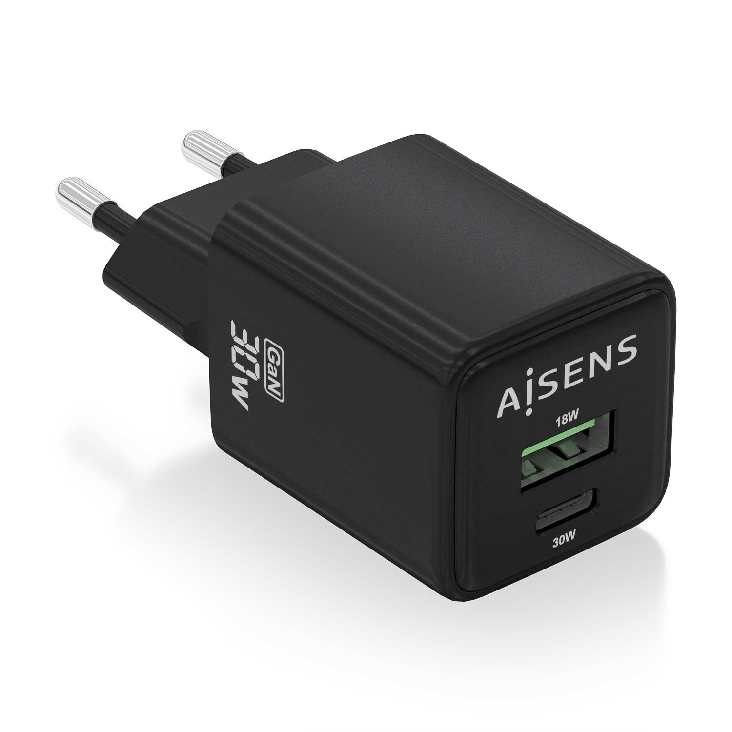 Aisens Chargeur ASCH-30W2P038-BK GaN 30 W 1 x USB-C PD3.0 QC4.0 1 x USB-A QC3.0 Noir