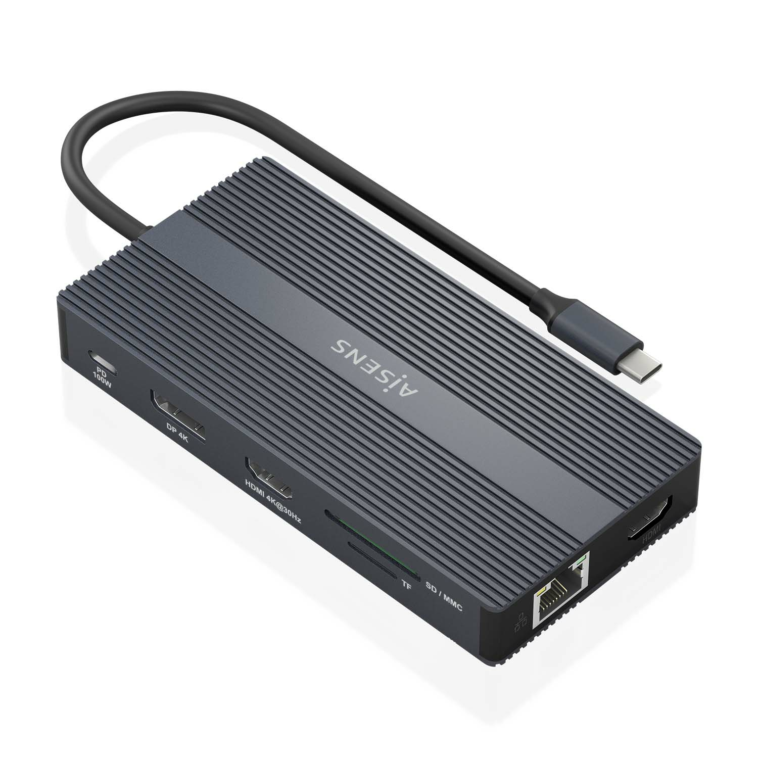 Aisens Station d'accueil USB-C AISENS Dock 12 en 1 HDMI DisplayPort RJ45 USB-A/C PD 100W Lecteur SD/MicroSD Gris 20 cm