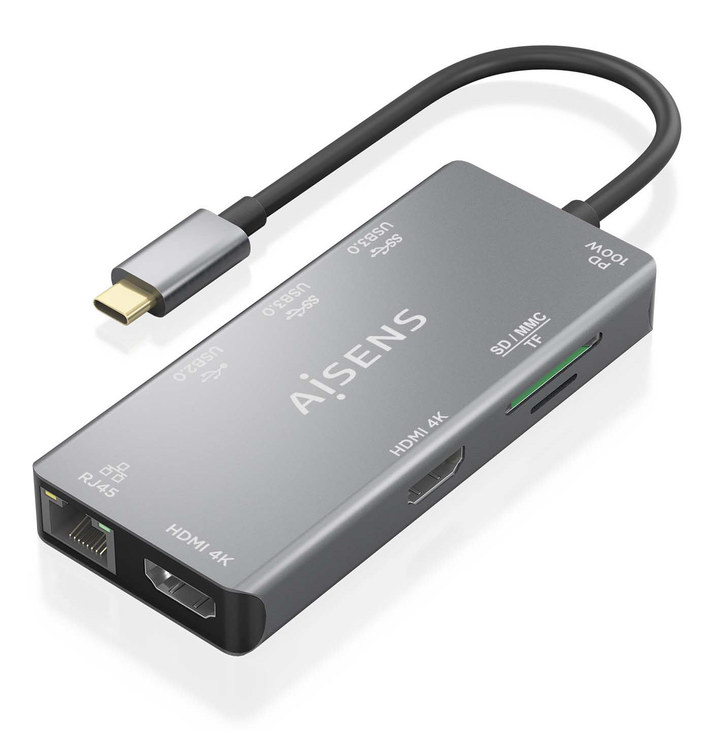 Aisens AISENS DUA9-0104 Station d'accueil USB-C 9 en 1 2xHDMI 1xRJ45 2xUSB3.0 100W SD MicroSD Gris 15cm