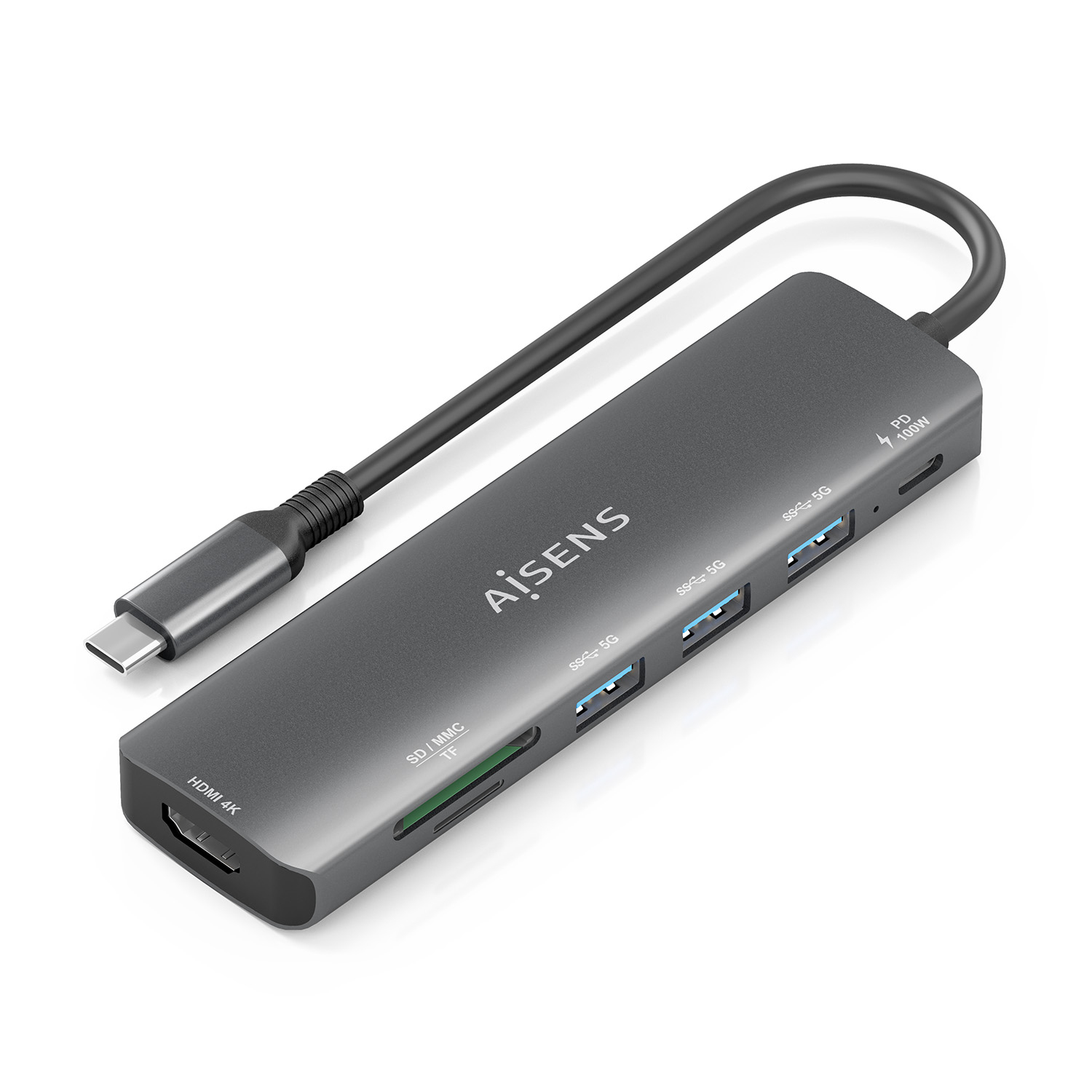 Aisens AISENS USB-C Dock 7 en 1, 1xHDMI, 3xUSB-A, 1xUSB-C PD 100W, 1xSD, 1xMicro SD, Gris, 15cm