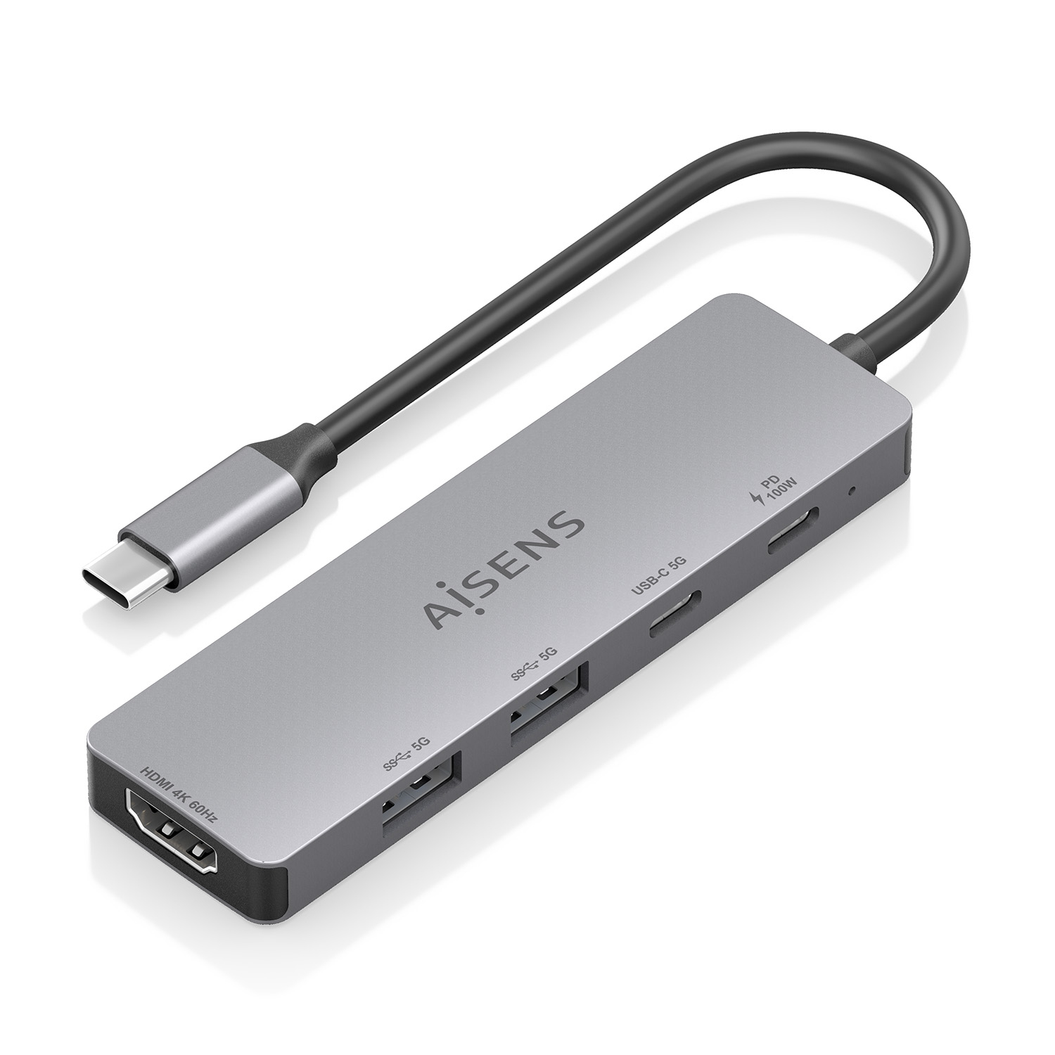 Aisens Station d'accueil USB-C ASUC-5P028-GR HDMI 4K 2xUSB-A 2xUSB-C PD Aluminium