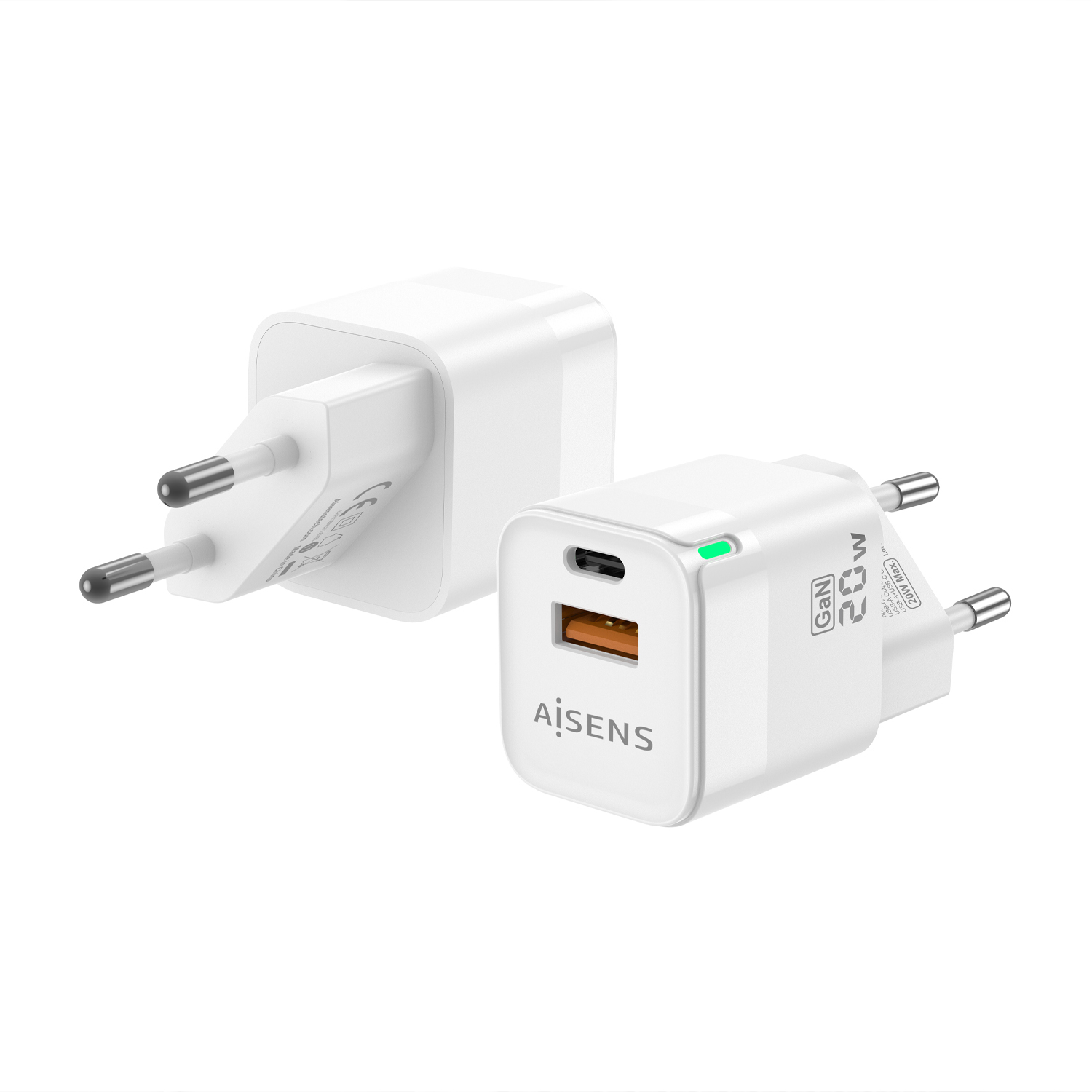 Aisens ASCH-20W2P002-W Chargeur mural GaN 1x USB Type-C 1x USB 20W Blanc