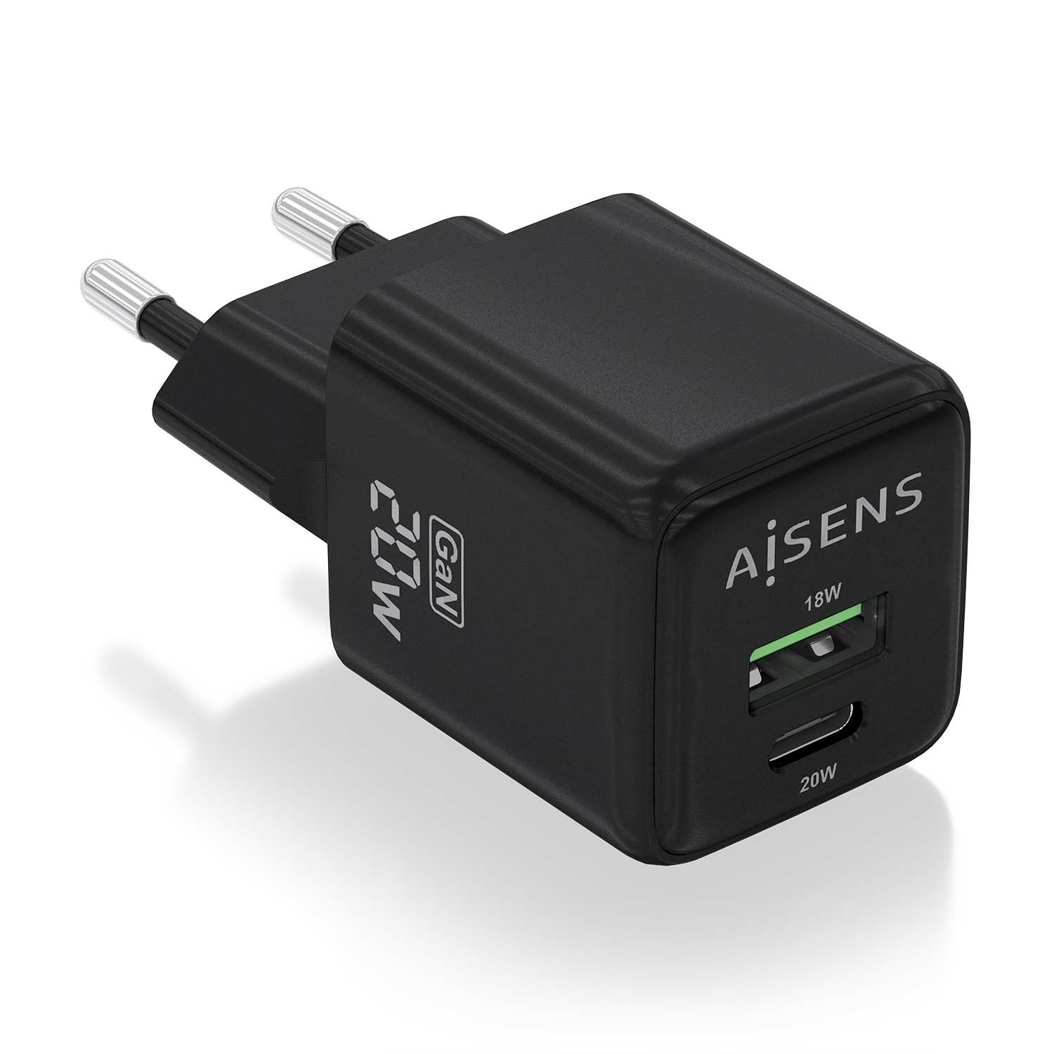 Aisens Chargeur ASCH-20W2P011-BK GaN 20 W 1 x USB-C PD3.0 QC4.0 1 x USB-A QC3.0 Noir