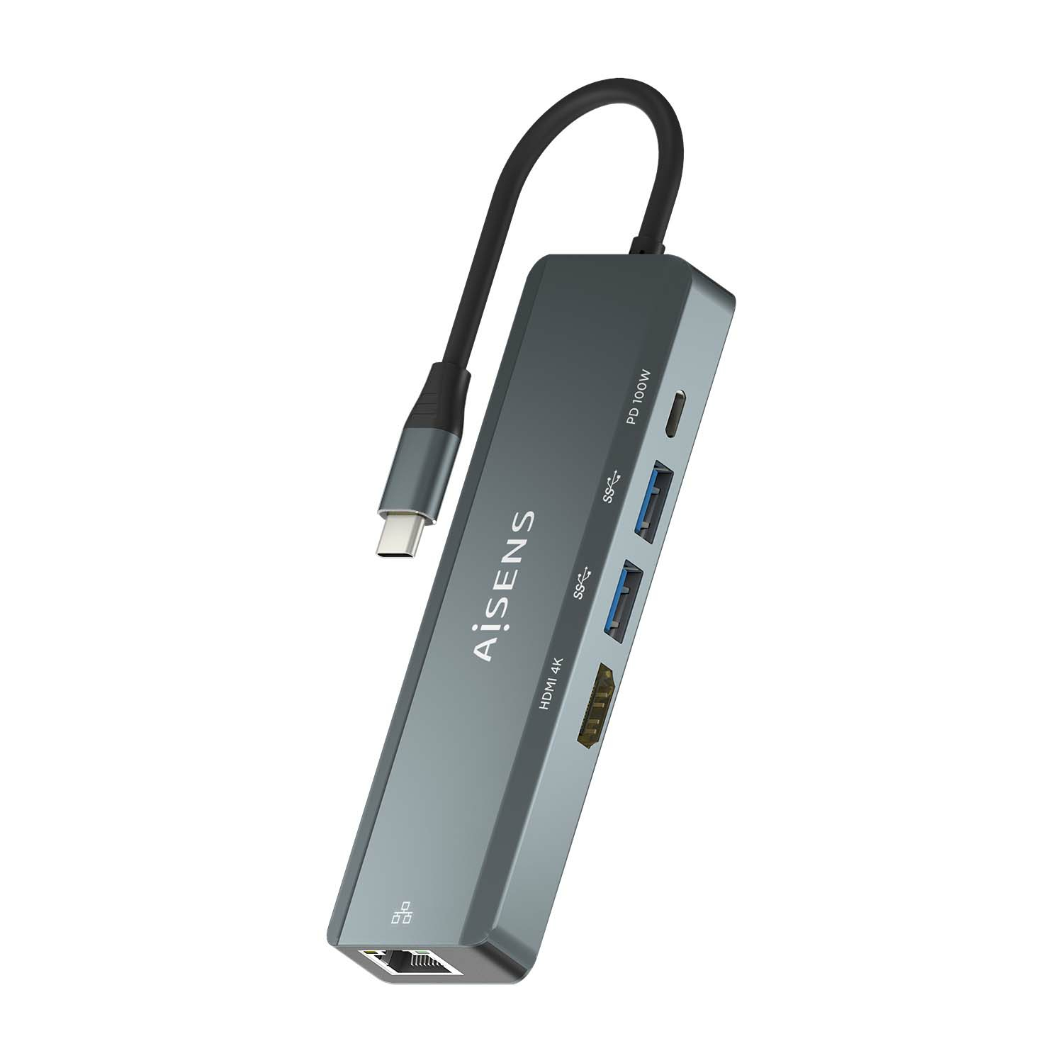 Aisens Station d'accueil convertisseur USB-C AISENS 5 en 1 HDMI/RJ45/2xUSB/PD 100 W Aluminium 15 cm Gris