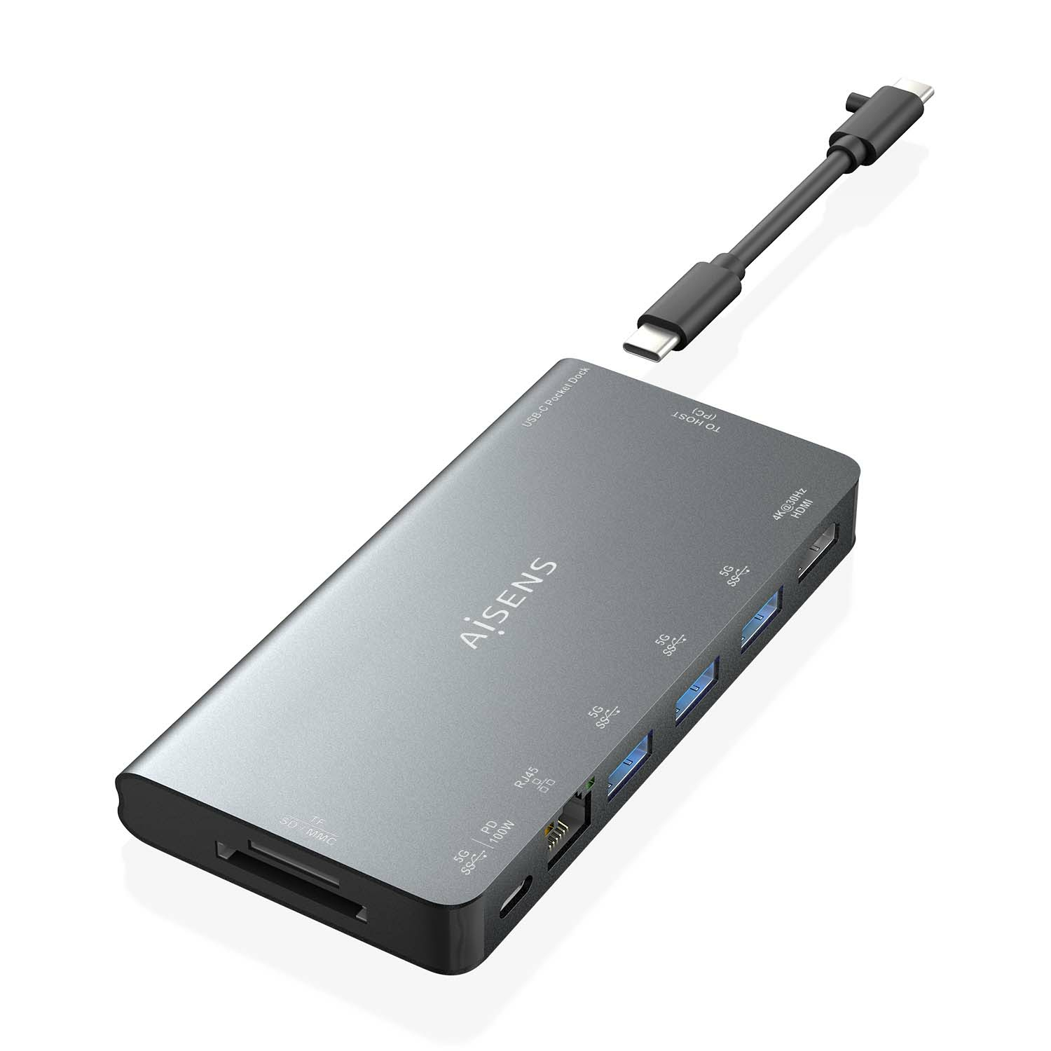 Aisens Station d'accueil USB-C Dock 8 en 1 Gris 4K HDMI RJ45 3xUSB-A SD MicroSD PD 100W 10cm