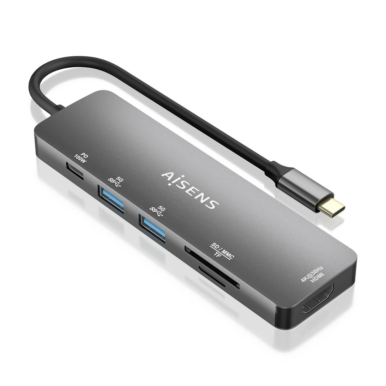 Aisens Station d'accueil USB-C AISENS ASUC-6P016-GR HDMI 4K 2xUSB-A Lecteur SD/TF PD 100W 15cm Gris