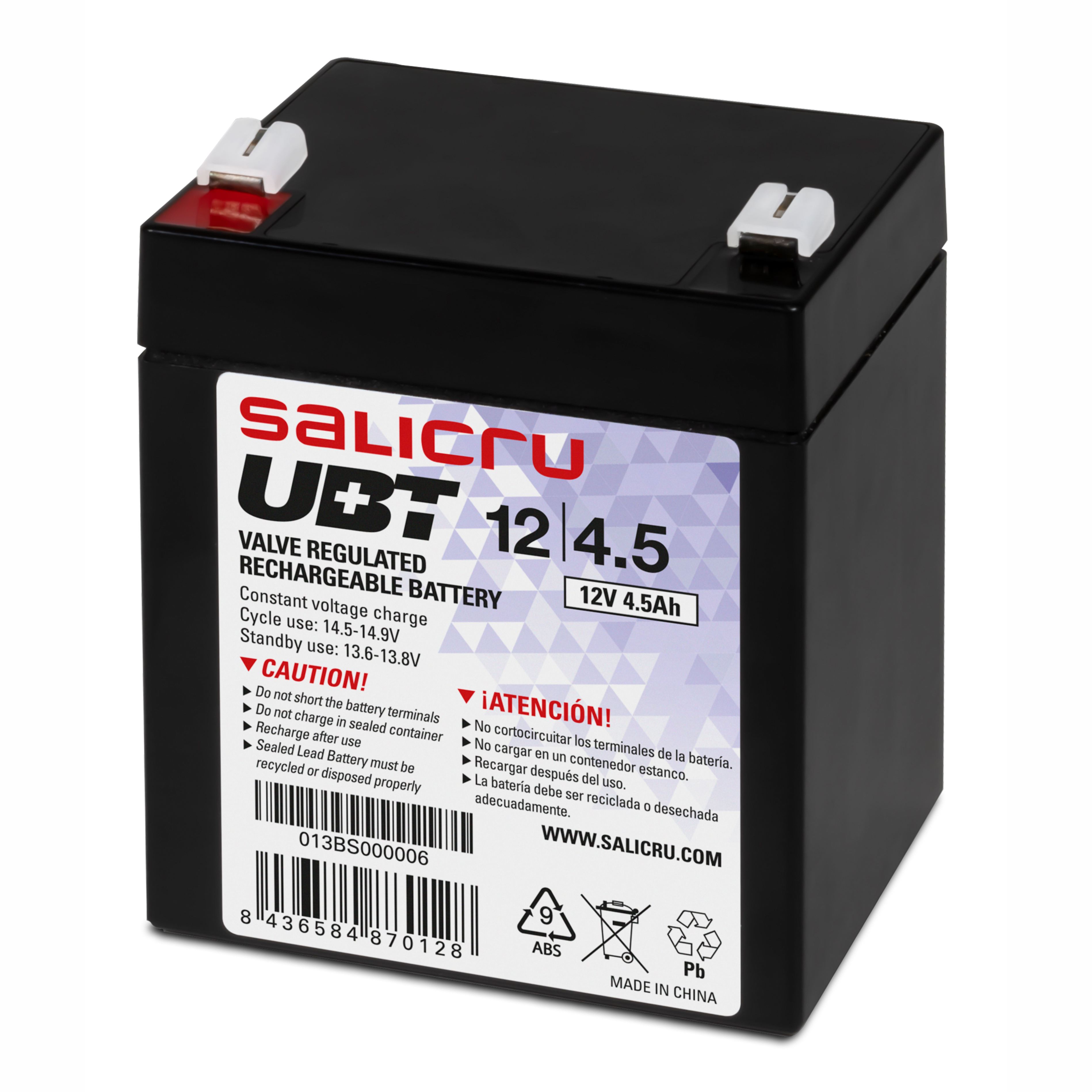Salicru BATTERIE UBT 12V/4,5Ah Technologie AGM Faible autodécharge 68 A (5s) Gar