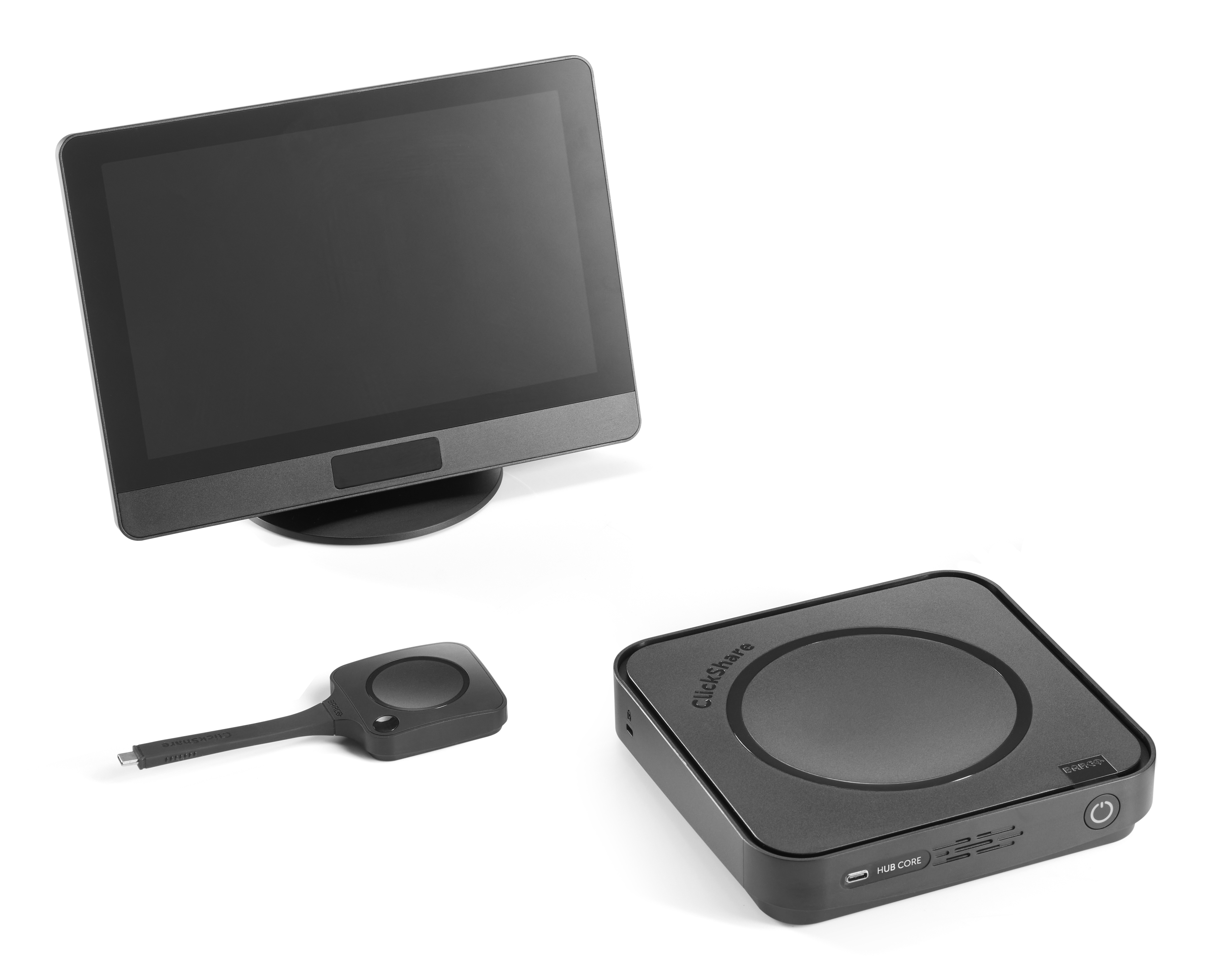 Barco Bundle product: Clickshare RS HUB Core EU with 1 Button. Includes: main unit (Hub Core), control panel, Power Supply 100W, Power Cord and Box.