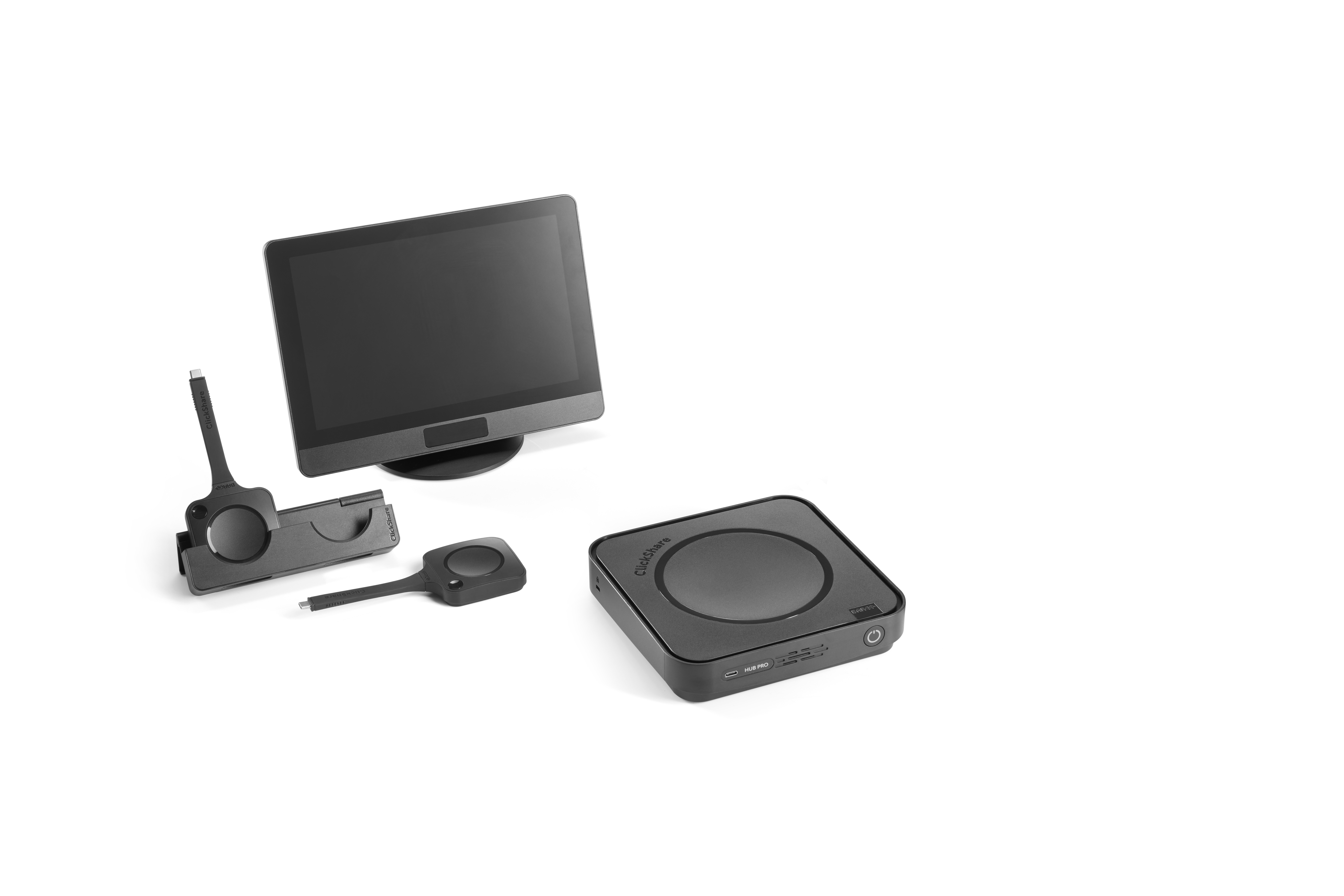 Barco Bundle Product: Clickshare RS HUB Pro EU with 2 Buttons. Includes: main unit (Hub Pro), control panel, Gen5 Button Tray (2 buttons), Power Supply 100W, Power Cord and Box.