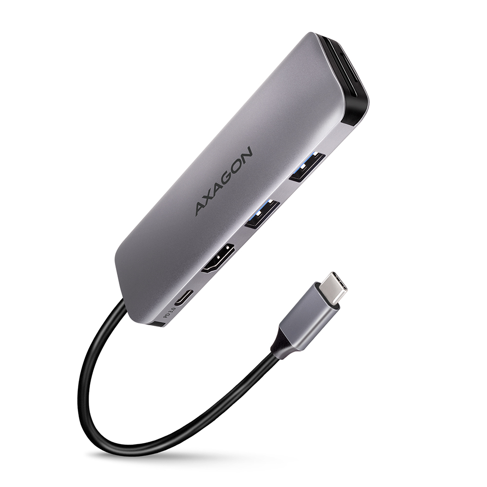 AXAGON HMC-5 USB-C-Hub, 2x USB-A, HDMI, 2x USB-C 3.2 Gen 1, 1x SD, 1x microSD, argent