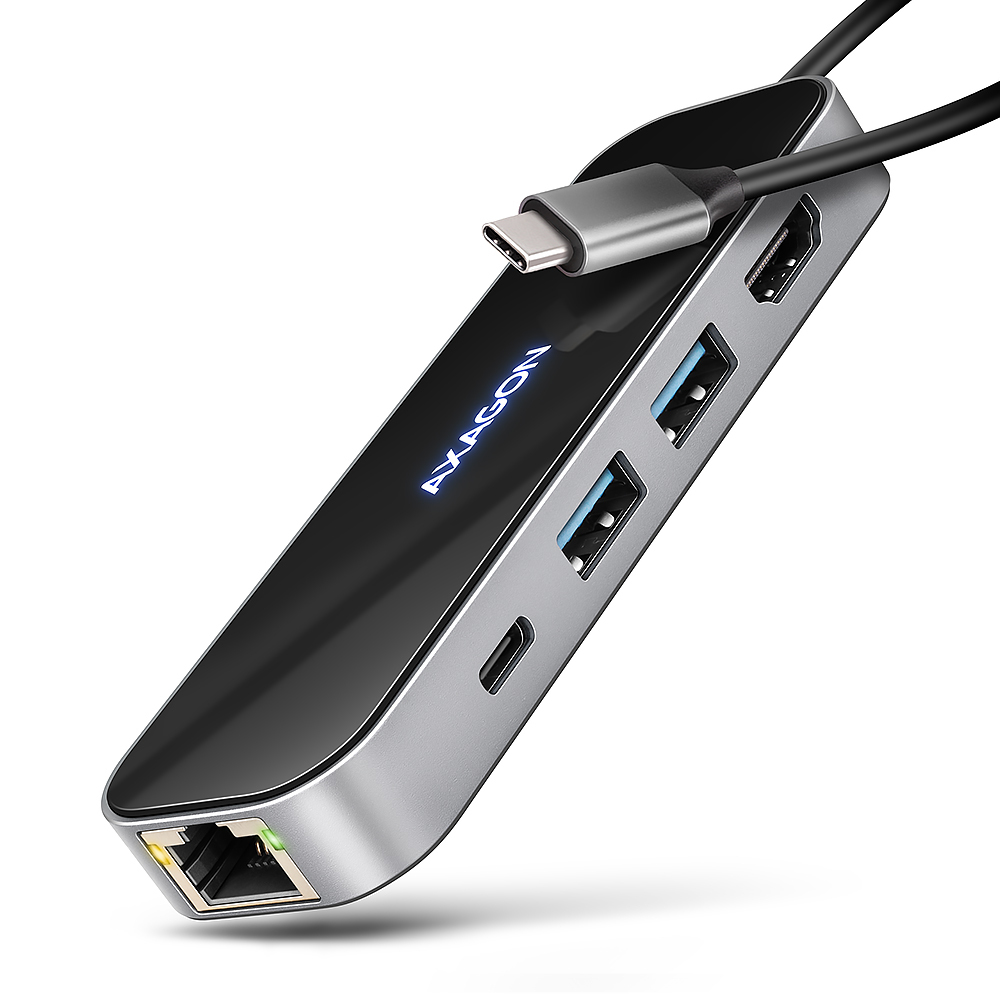 AXAGON HMC-6GLN USB-Hub, 2x USB-A, 1x USB-C, 1x HDMI 2.0, 1x RJ45, 100 W PD – argent