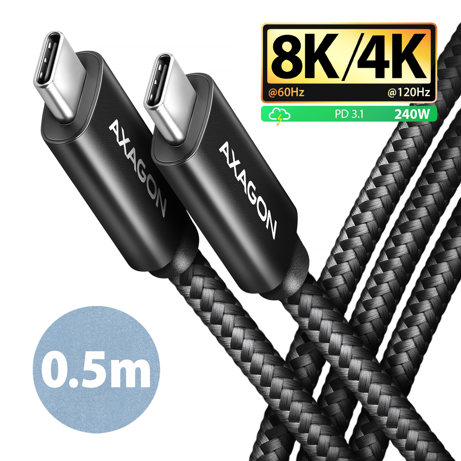 AXAGON Axagon BUCM4X-CM05AB USB-C-Kabel, USB 4 Gen 3x2, 240 W PD, 8K@60Hz – noir